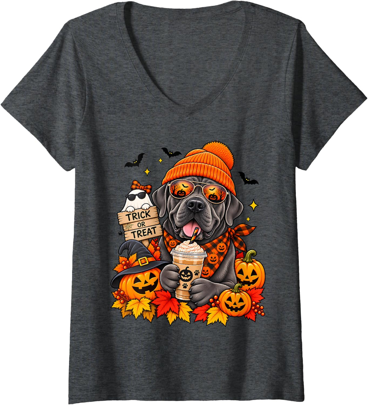 Women's Cane Corso Pumpkin Spice Coffee Dog Lover Fall Halloween V-Neck T-Shirt - Dark Heather Grey