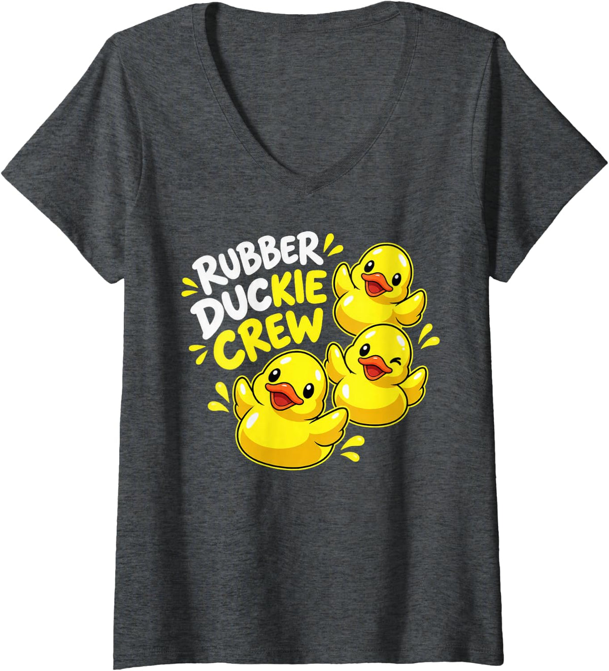 Women's Three Ducks Quackie Crew Cartoon V-Neck T-Shirt - Dark Heather Grey