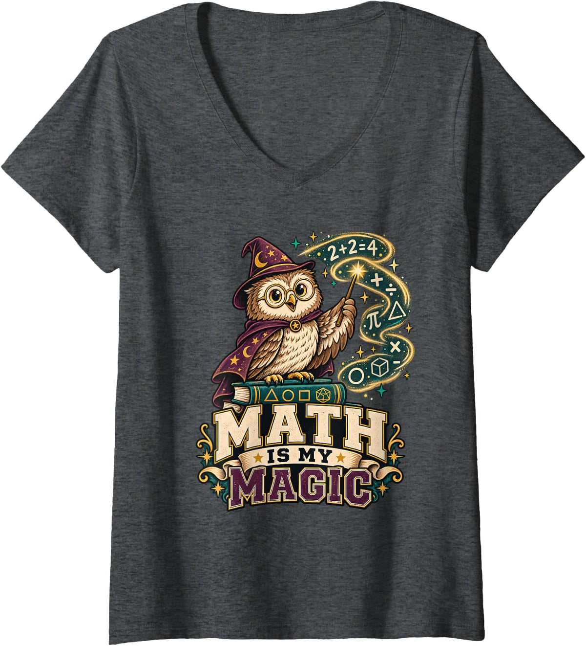 Women's Math is My Magic Owl Wizard Teacher Mathematics V-Neck T-Shirt - Dark Heather Grey