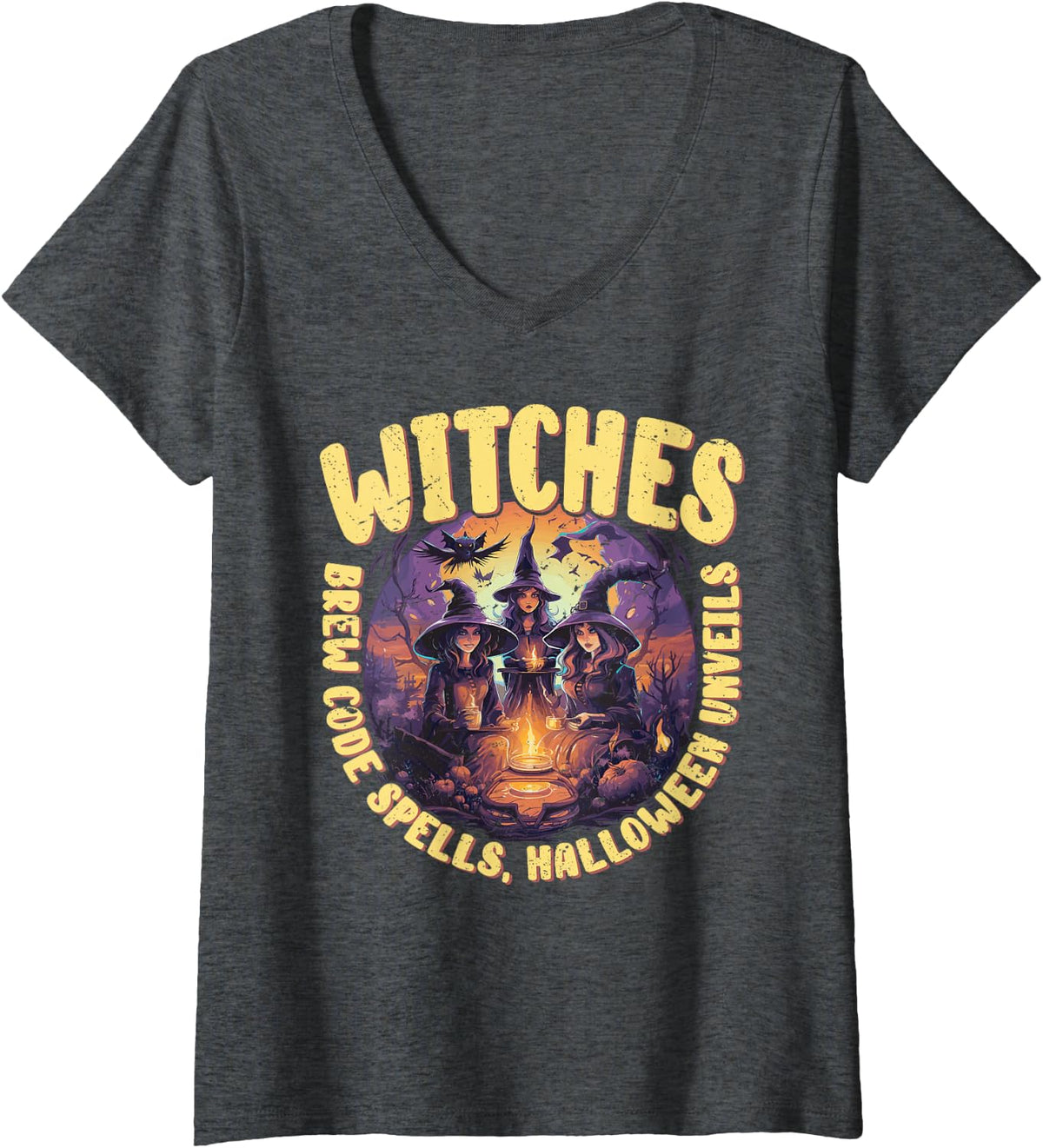 Women's Witches Brew Code Spells Halloween Unveils Technology V-Neck T-Shirt - Dark Heather Grey