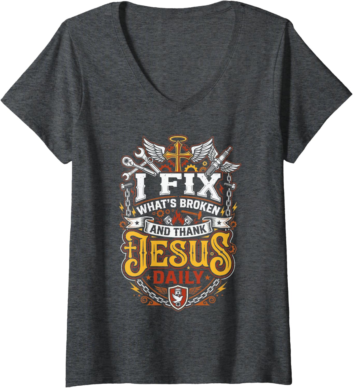 Women's Christian Mechanic Jesus Christ Mechanical Engineering V-Neck T-Shirt - Dark Heather Grey