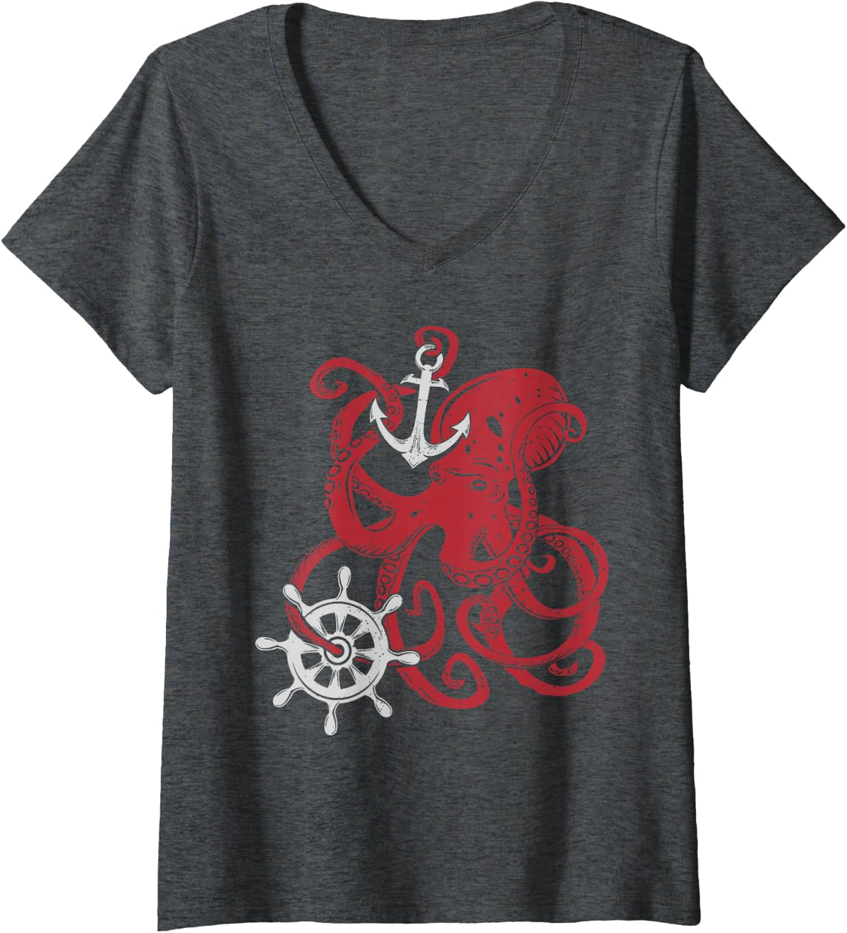 Womens Giant Octopus Vintage Nautical Design Theme V-Neck T-Shirt - Dark Heather Grey