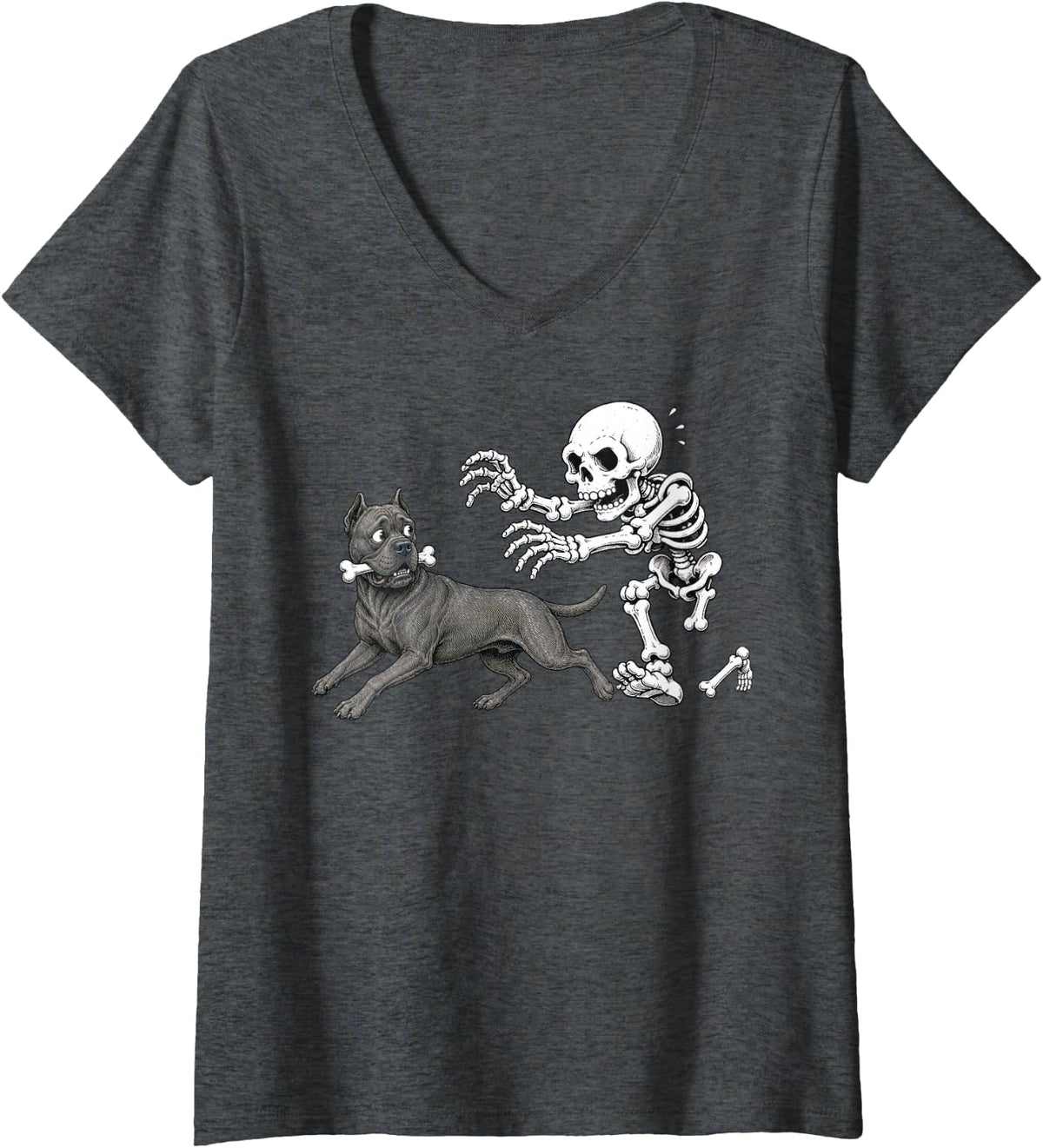 Women's Cane Corso Skeleton Bone Chase Funny Halloween Dog Humor V-Neck T-Shirt - Dark Heather Grey