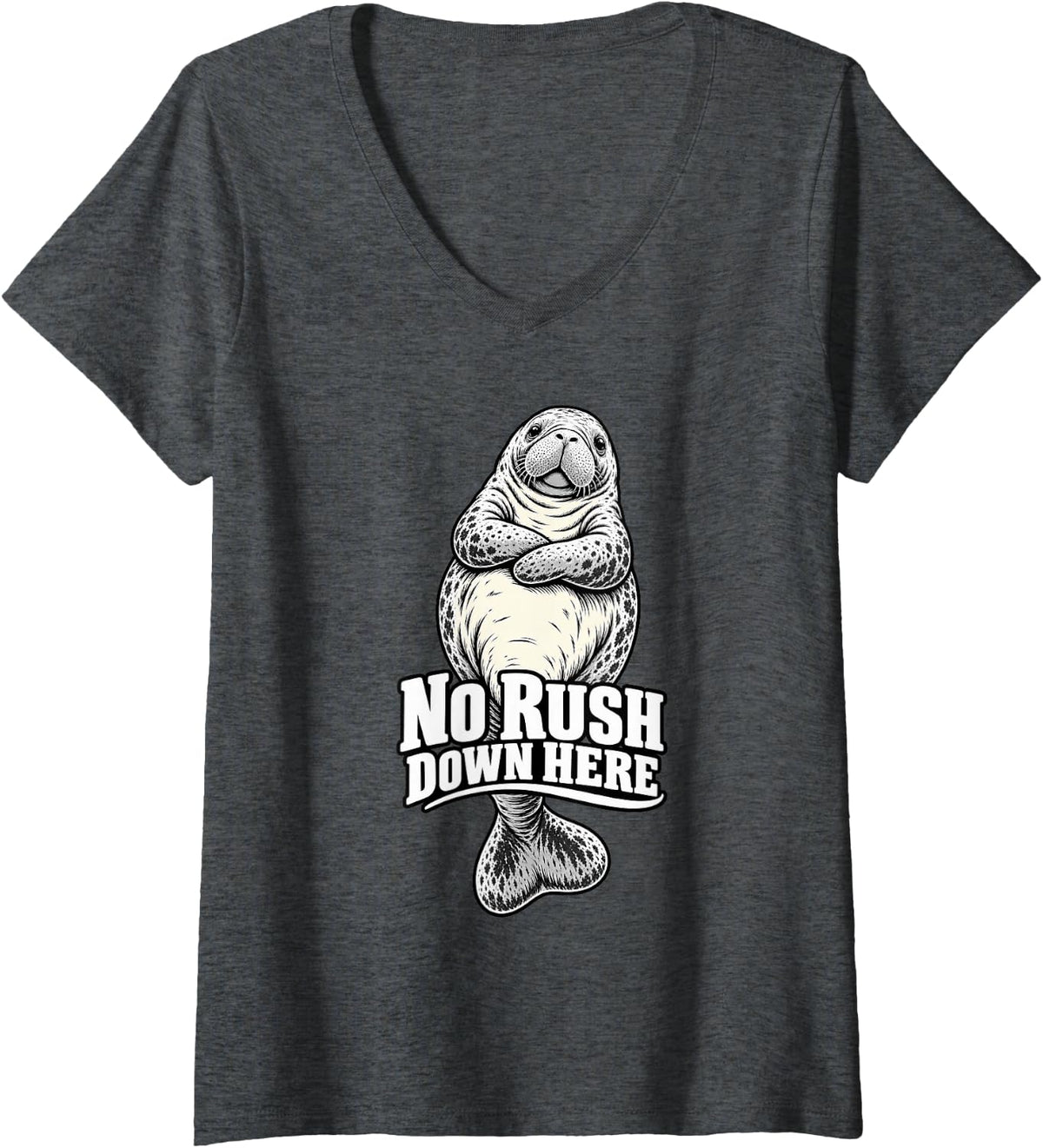 Women's Manatee No Rush Down Here Funny Florida Wildlife Ocean V-Neck T-Shirt - Dark Heather Grey