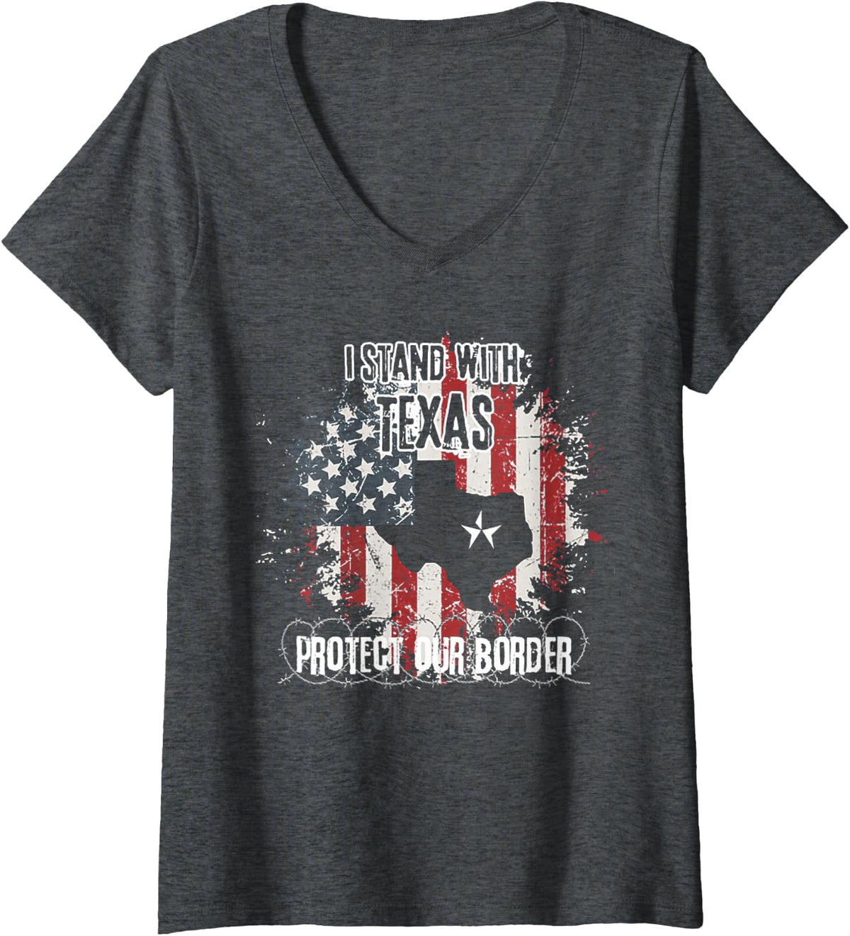 Women's I Stand with Texas Protect Our Border V-Neck T-Shirt - Dark Heather Grey