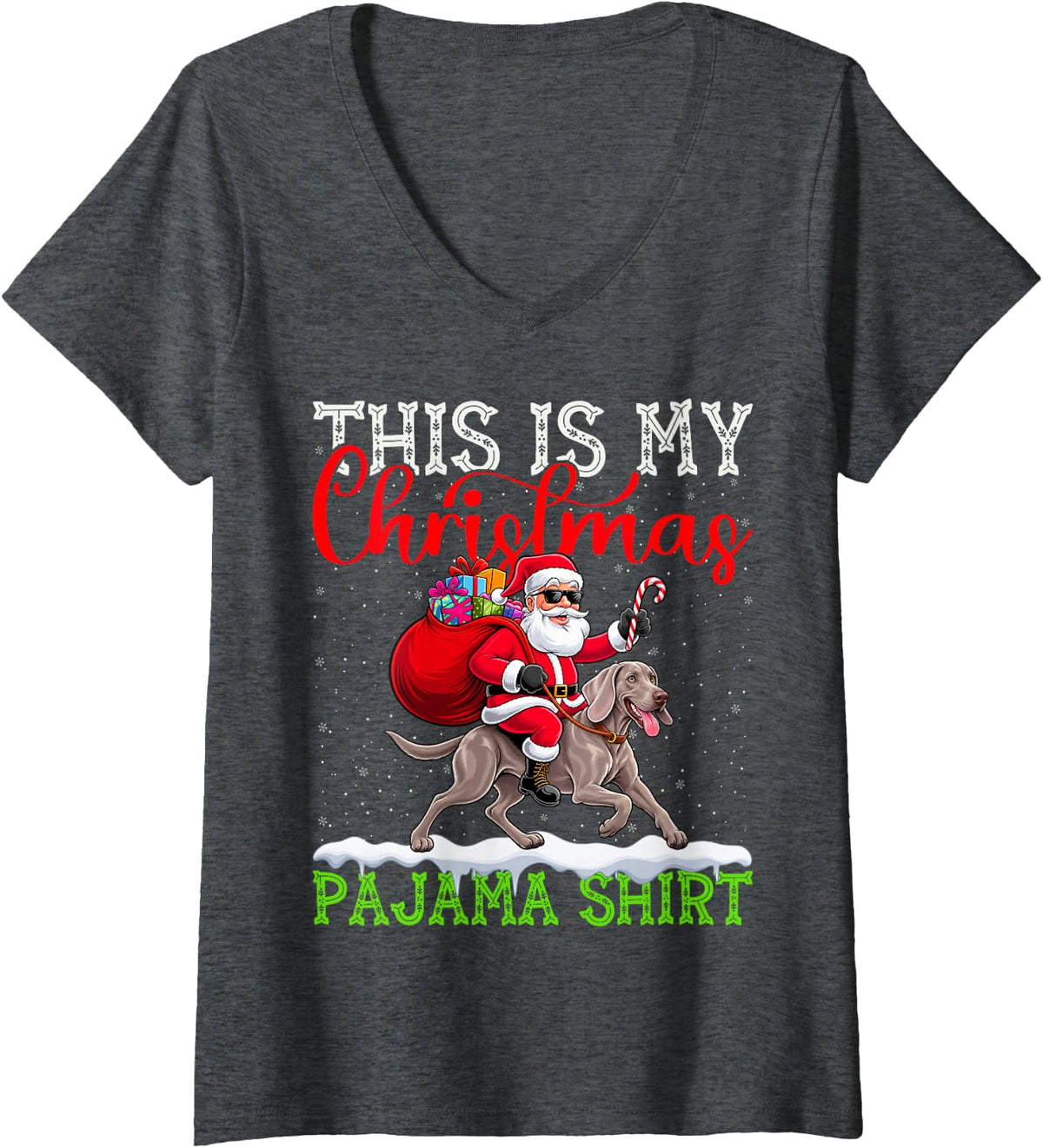 Women's This is My Weimaraner Ugly Christmas Pajama Sweater Dog V-Neck T-Shirt - Dark Heather Grey