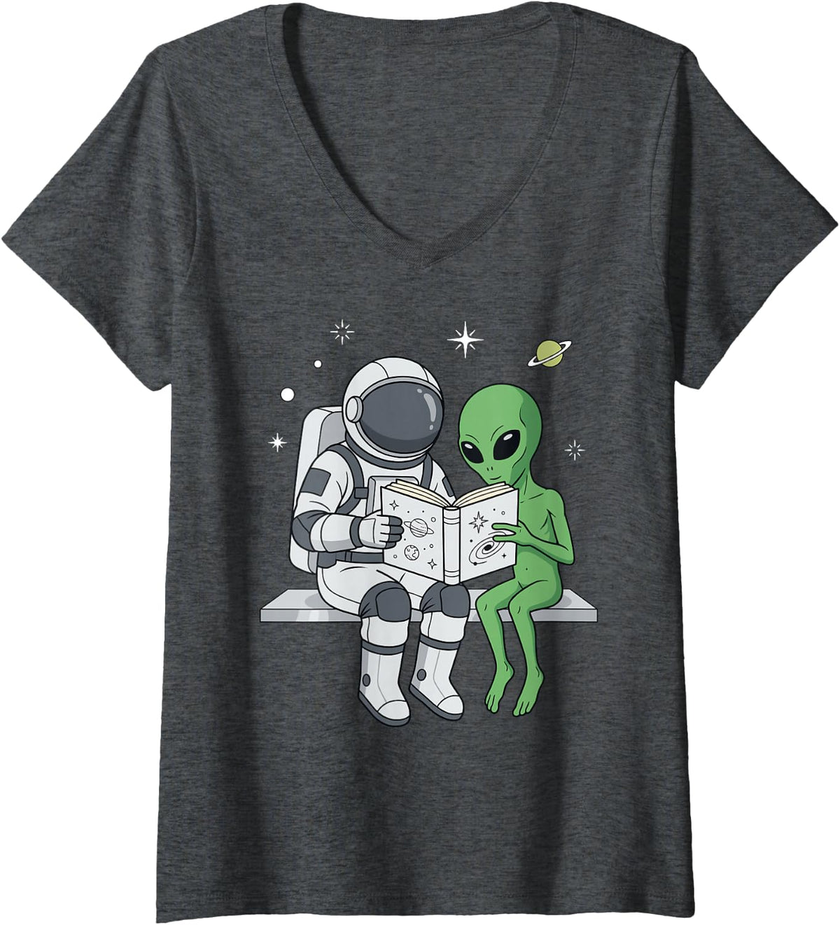 Women's Astronaut Alien Reading Book Space Astronomy Galaxy V-Neck T-Shirt - Dark Heather Grey