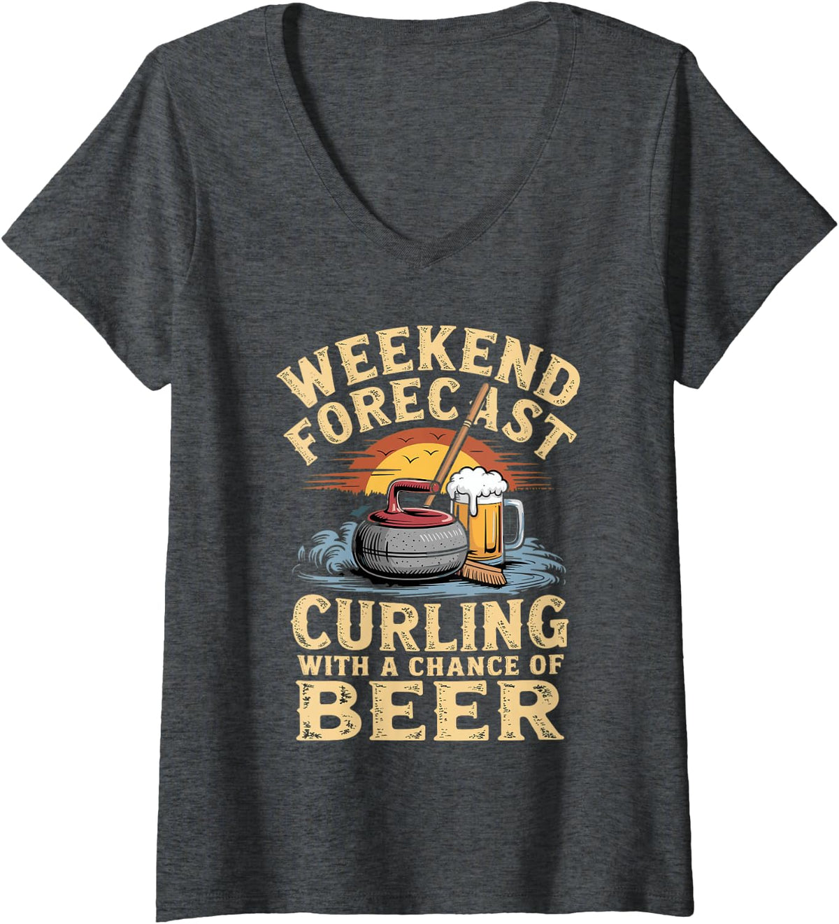 Women's Weekend Forecast Curling with a Chance of Beer Player V-Neck T-Shirt - Dark Heather Grey