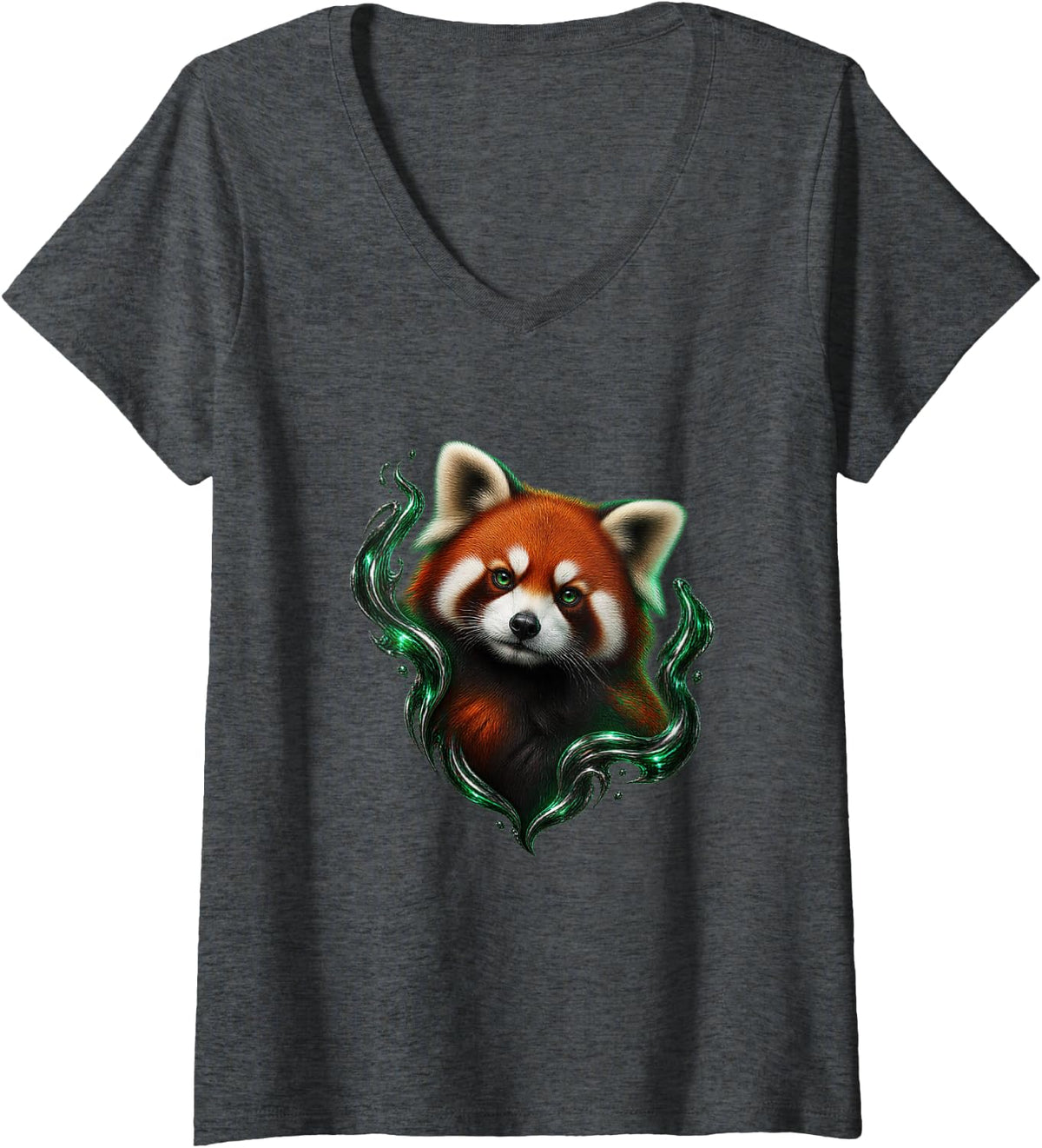 Women's Red Panda with Emerald Liquid Metal Forest Art V-Neck T-Shirt - Dark Heather Grey