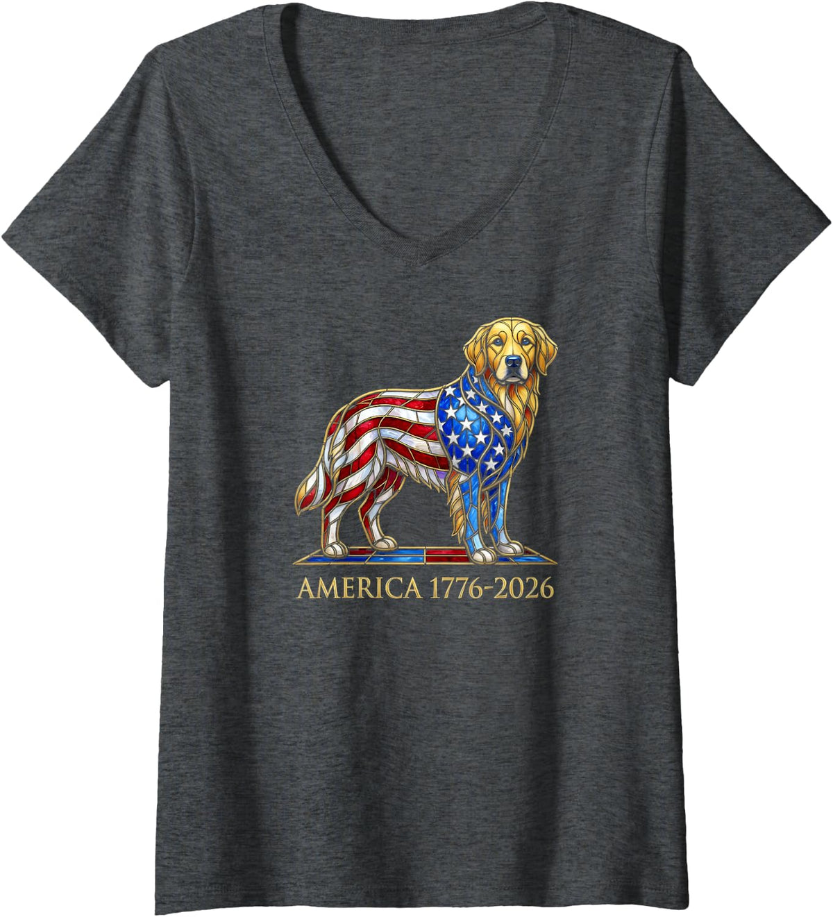 Women's Golden Retriever America 1776 2026 Patriotic USA 250 Years V-Neck T-Shirt - Dark Heather Grey