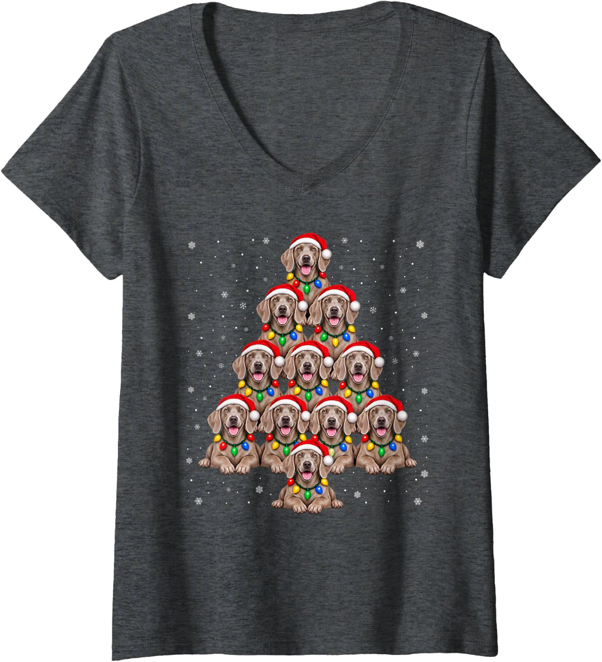 Women's Weimaraner Dog Christmas Tree Snowflake Santa Hat Xmas Dog V-Neck T-Shirt - Dark Heather Grey