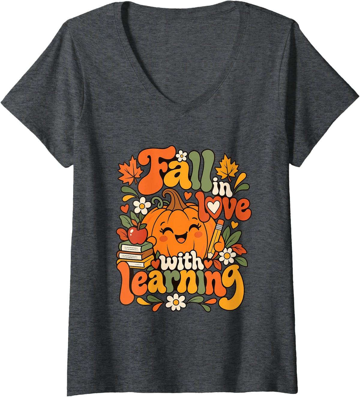Women's Teacher Fall in Love with Learning V-Neck T-Shirt - Dark Heather Grey