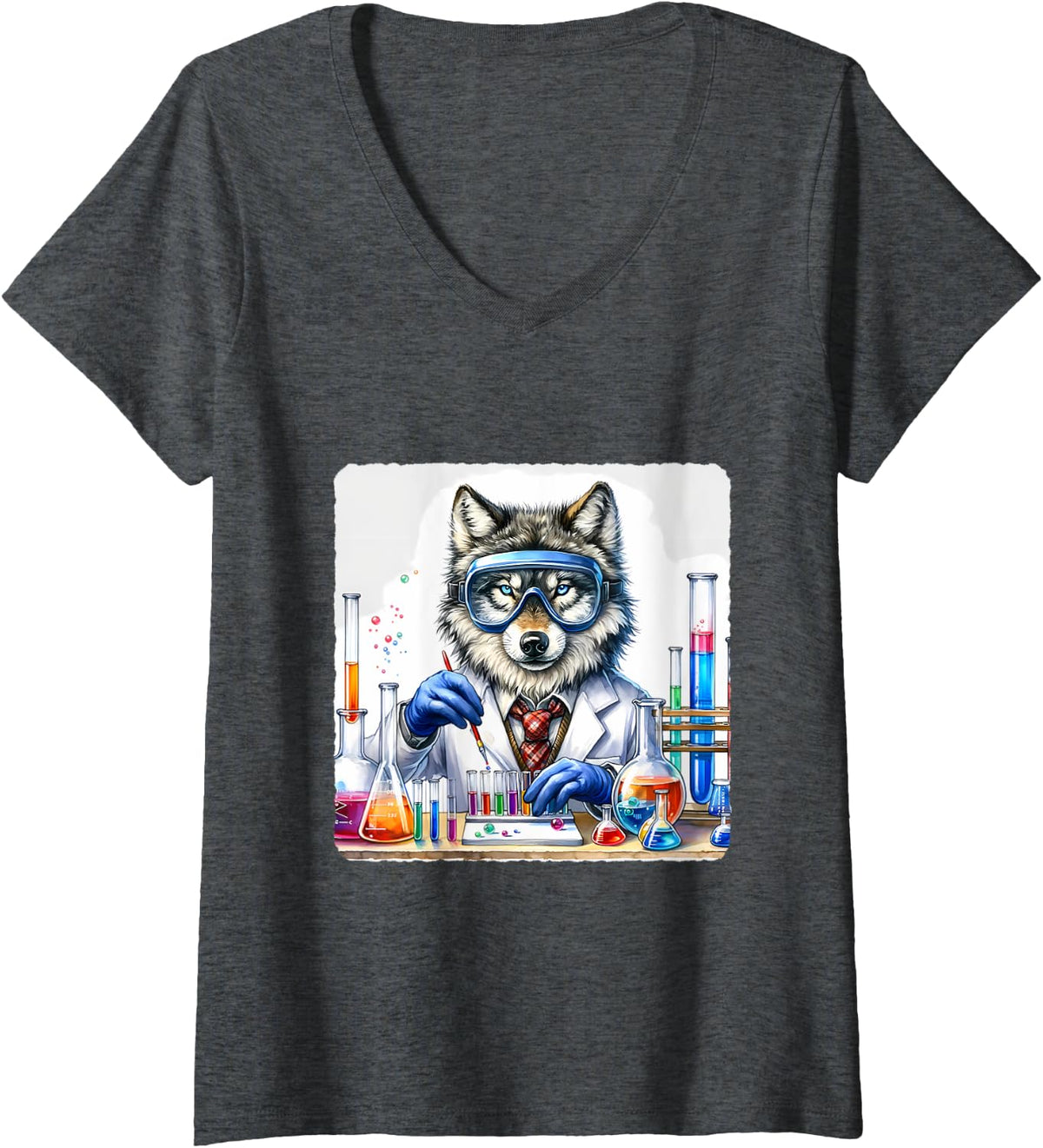 Womens Wolf Conducting Science Experiment In Lab. Goggles Coat V-Neck T-Shirt - Dark Heather Grey