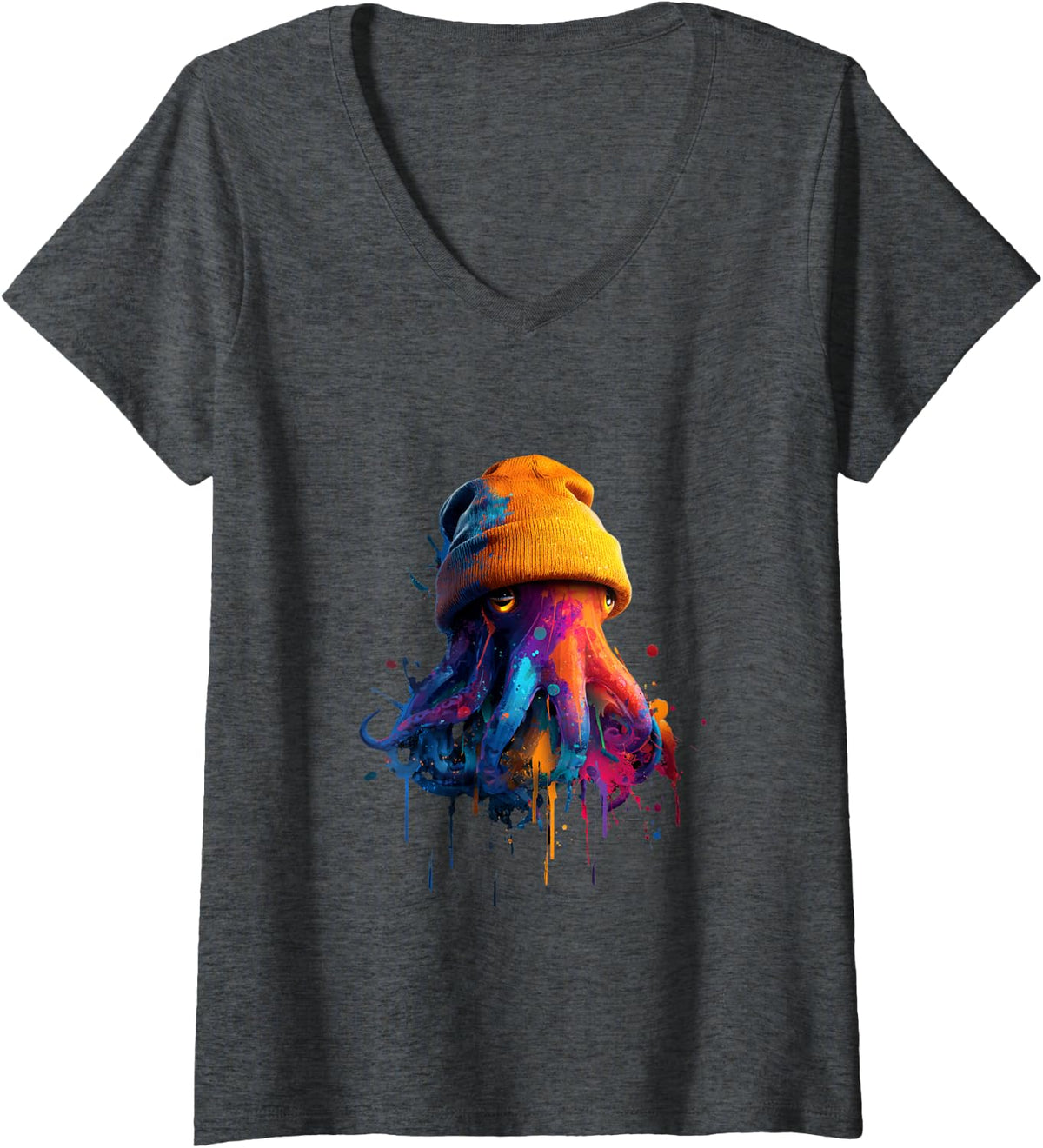 Women's Octopus Wearing Beanie Graffiti Style Graphic V-Neck T-Shirt - Dark Heather Grey