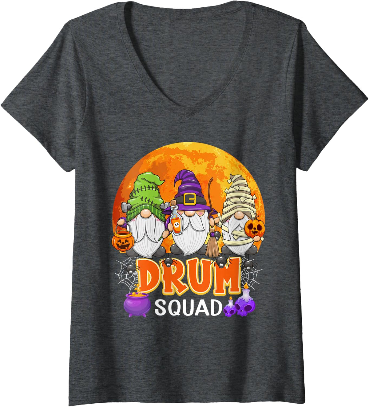 Women's Drum Squad Halloween Drummer Gnome Matching V-Neck T-Shirt - Dark Heather Grey