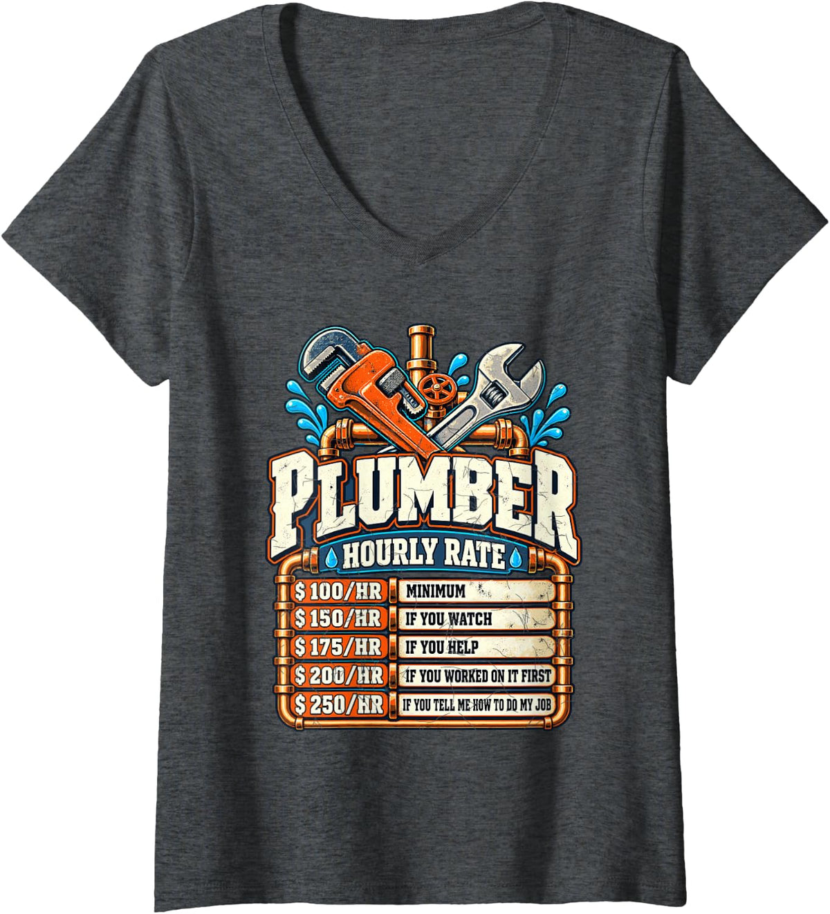 Women's Plumber Hourly Rates V-Neck T-Shirt - Dark Heather Grey