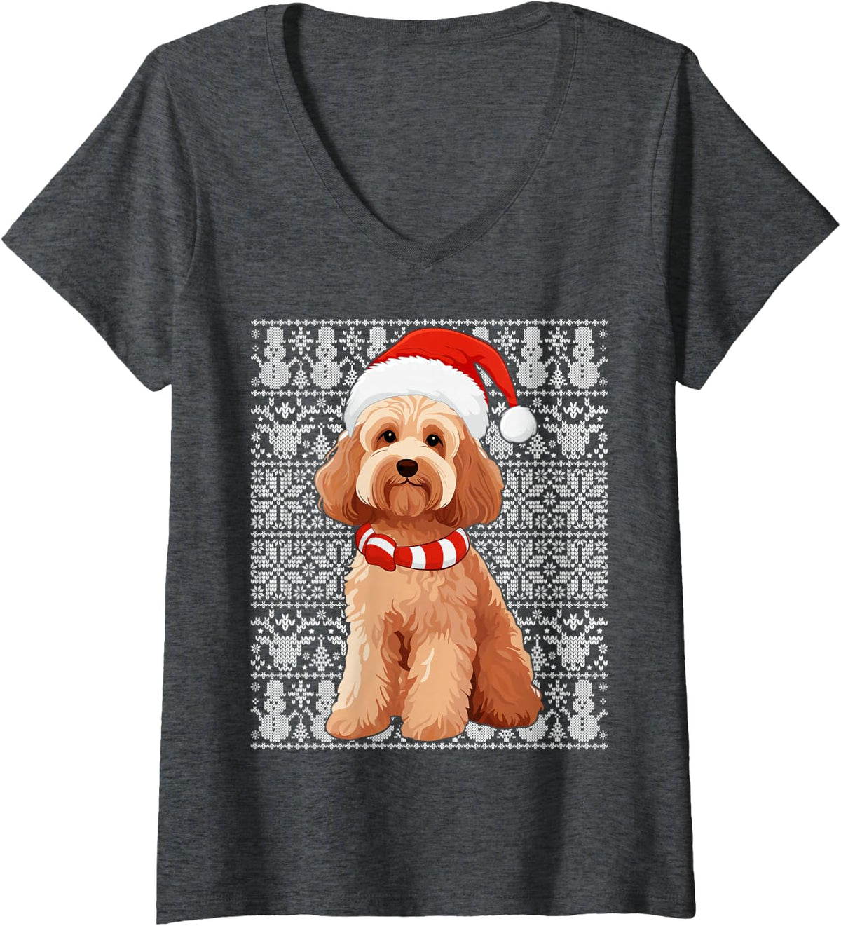 Women's Cockapoo Dog Santa Hat Men Women Kids Ugly Christmas V-Neck T-Shirt - Dark Heather Grey