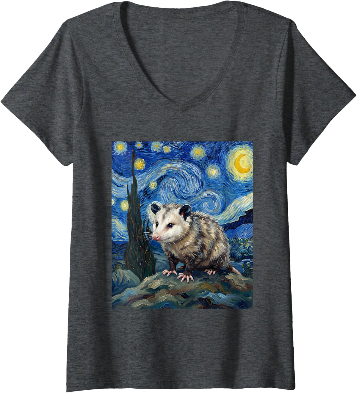 Women's Opossum Possum Van Gogh Starry Night V-Neck T-Shirt - Dark Heather Grey