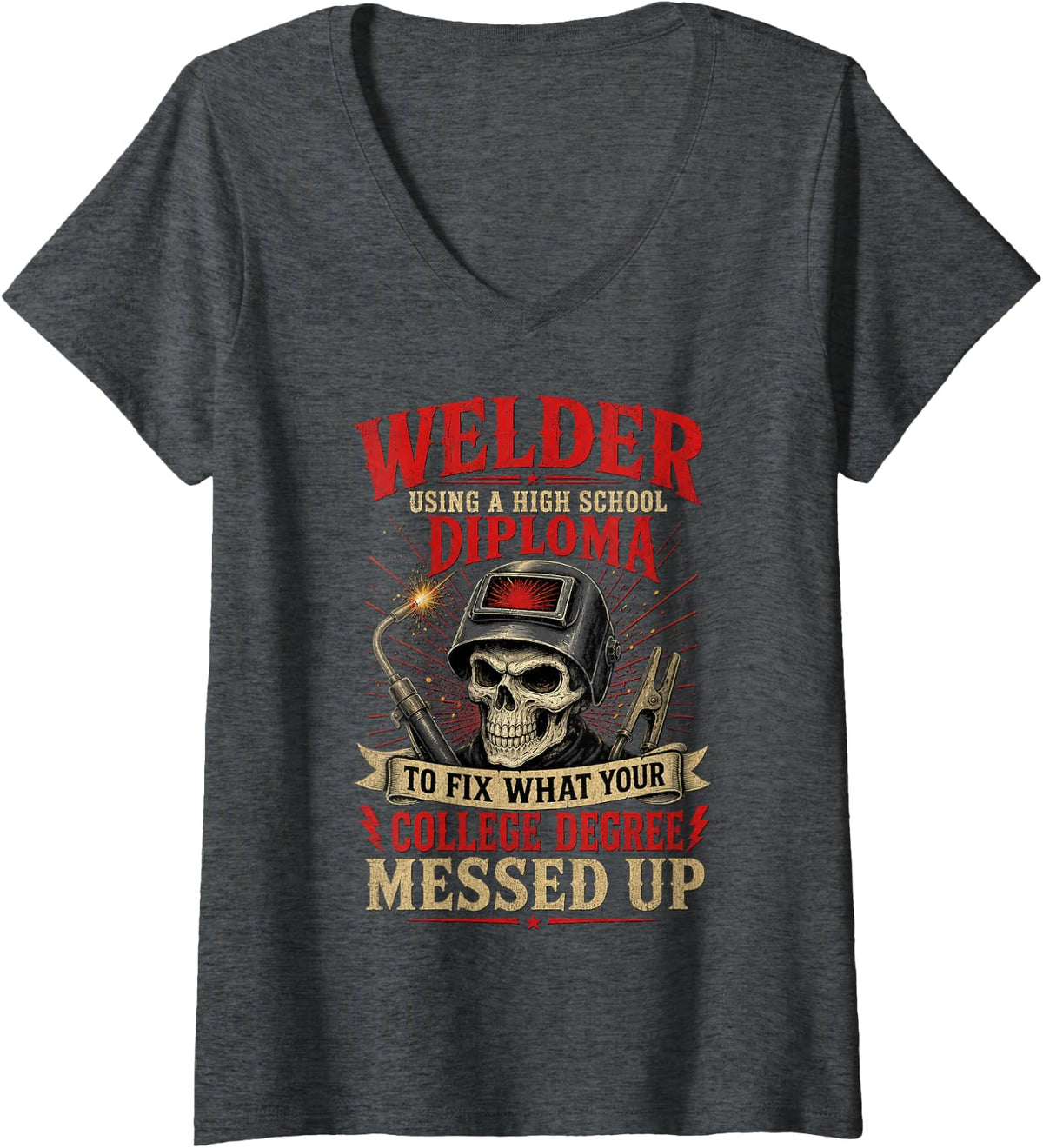 Women's Skull Welder Graphic with Welding Tools and Flames V-Neck T-Shirt - Dark Heather Grey