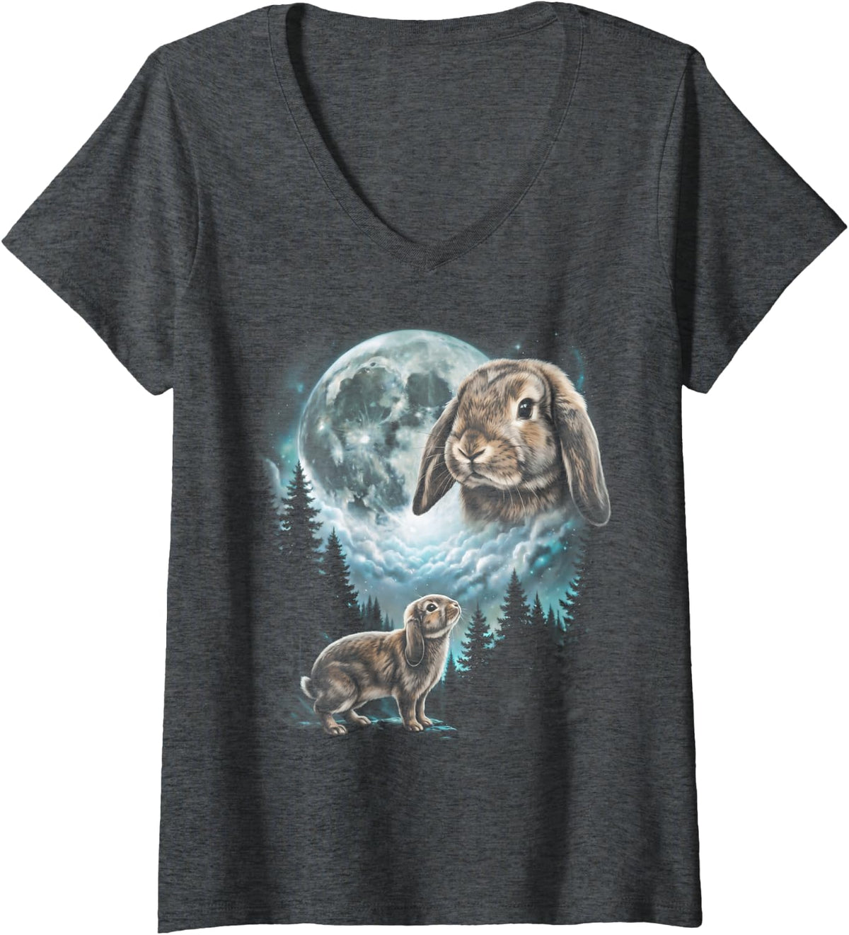 Women's Rabbit Howling at Moon Retro 90's V-Neck T-Shirt - Dark Heather Grey