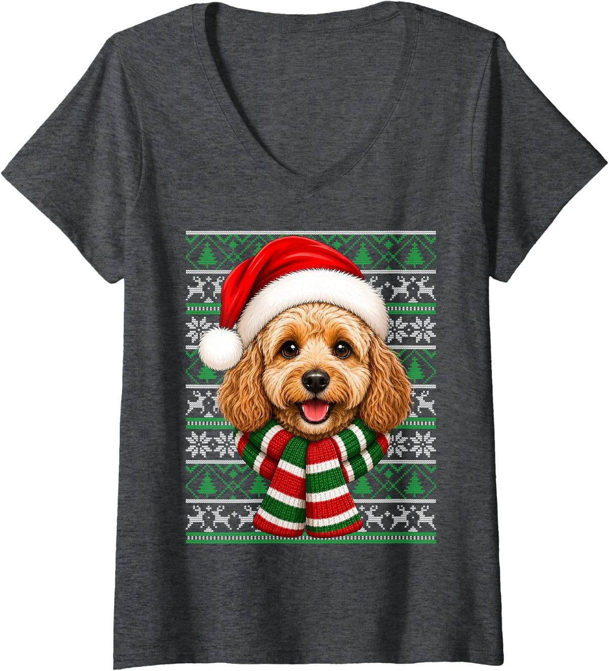 Women's Cockapoo Dog Christmas Santa Hat Ugly Sweaters Xmas V-Neck T-Shirt - Dark Heather Grey