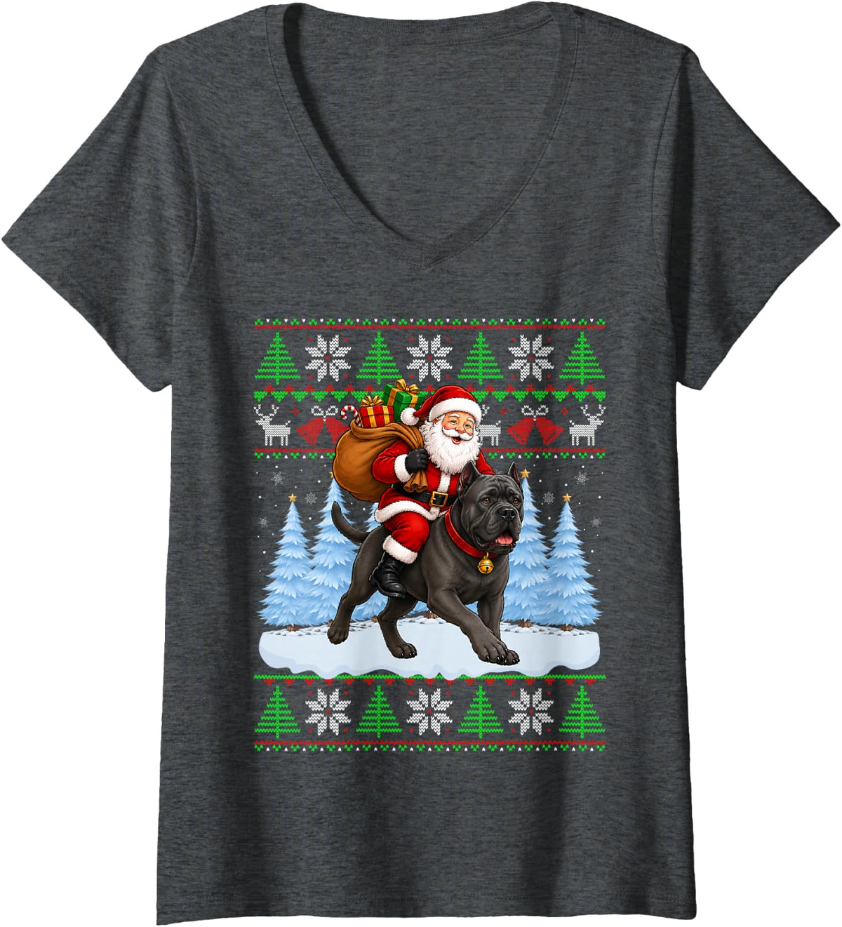 Women's Ugly Xmas Funny Santa Riding Cane Corso Dog Christmas V-Neck T-Shirt - Dark Heather Grey