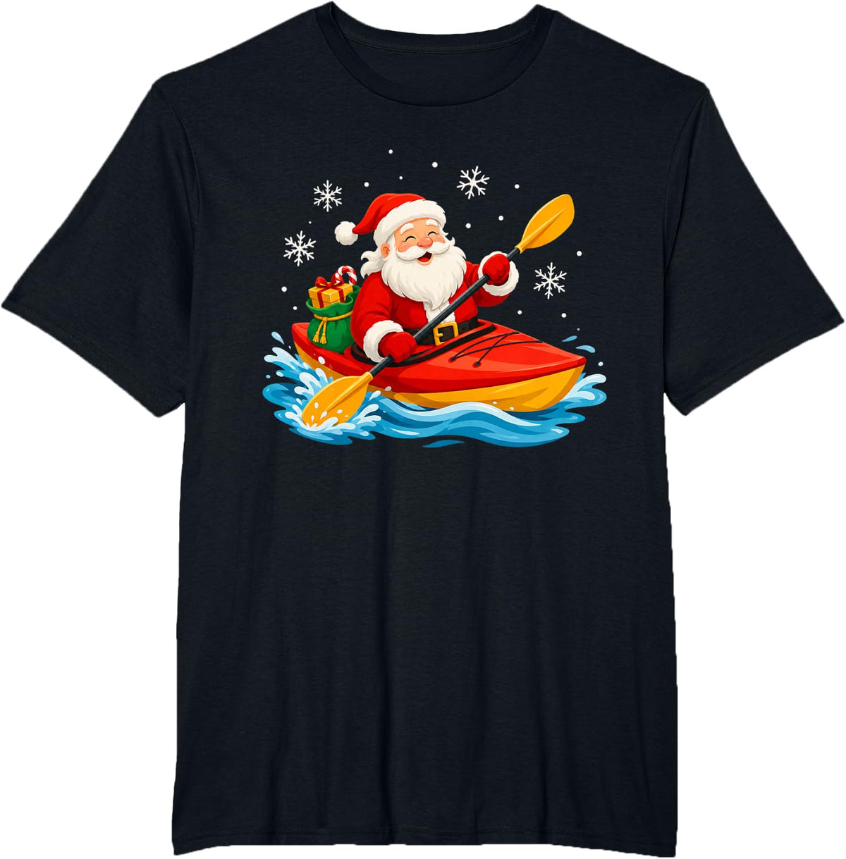 Funny Santa Kayaking Christmas Winter Holiday Humor T-Shirt - Black