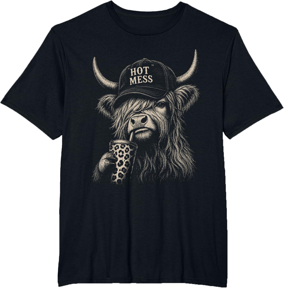 Hot Mess Highland Cow Leopard Funny Coffee Lover Vintage T-Shirt - Black