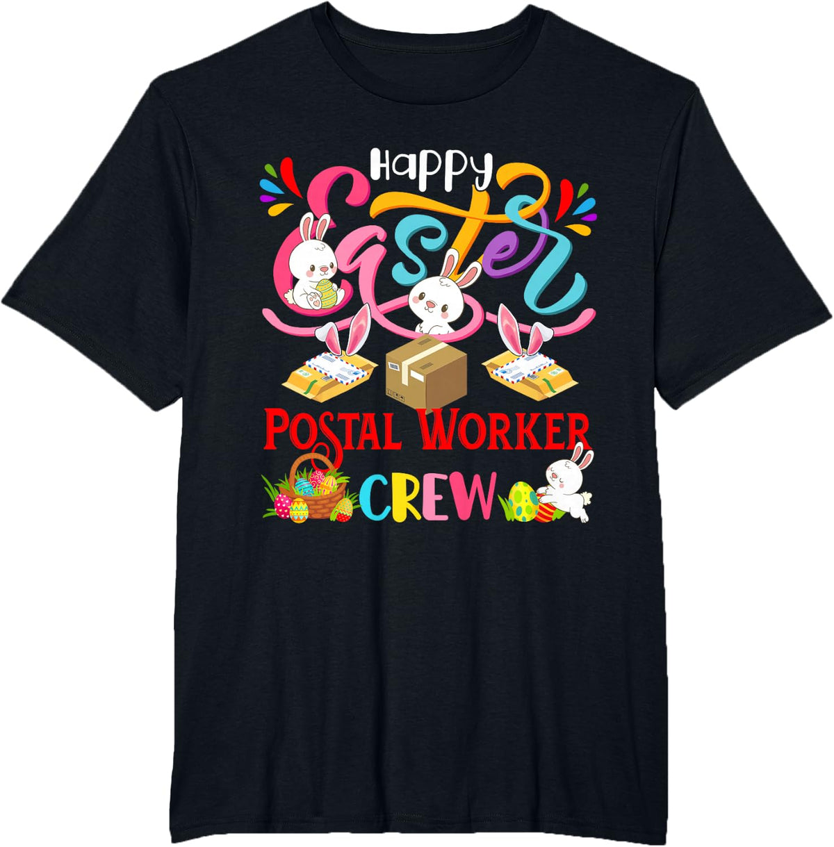 Happy Easter Postal Worker Crew Group Bunnies Hunting Eggs T-Shirt - Black