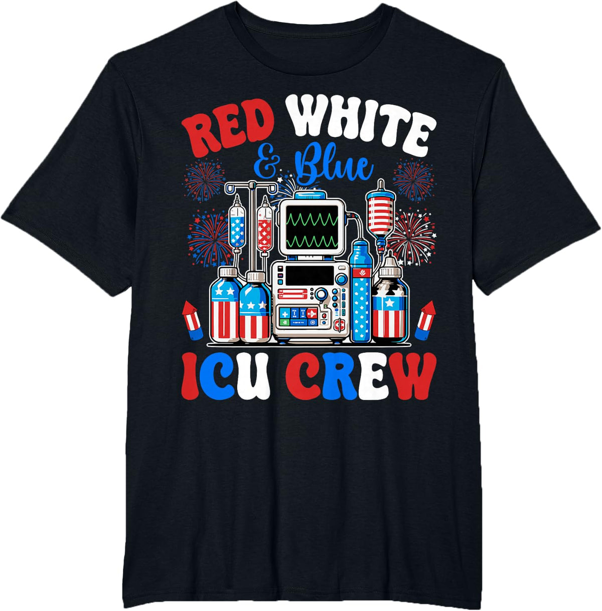ICU Crew Red White Blue 4th of July Fireworks USA Patriotic T-Shirt - Black