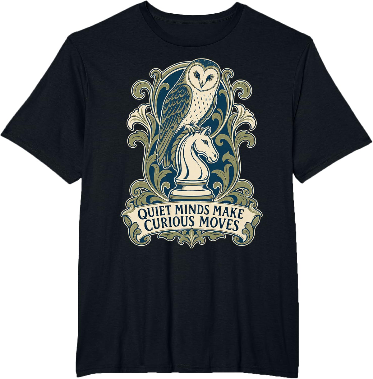 Heraldic Barn Owl on a Chess Knight T-Shirt - Black