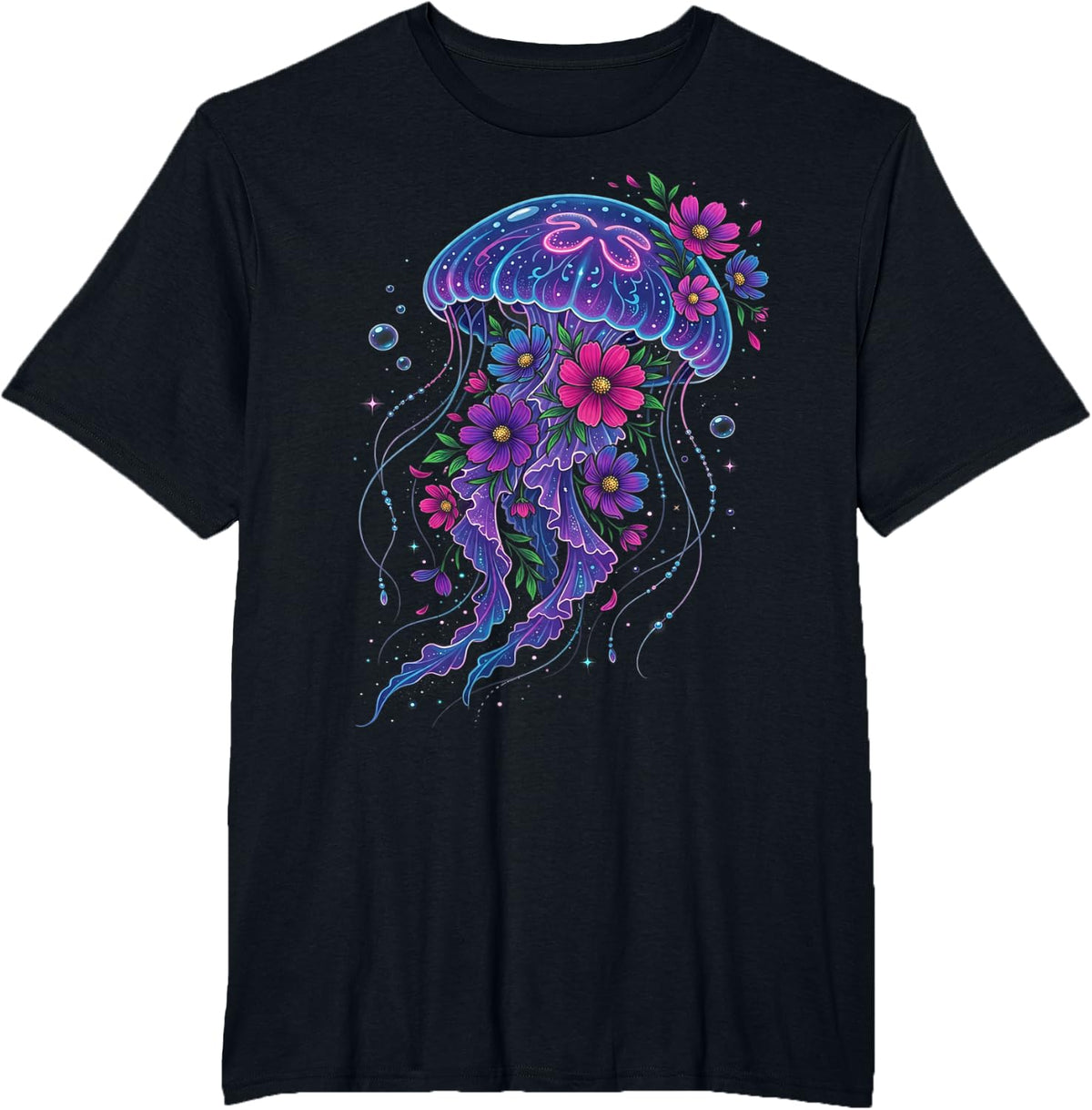 Floral Jellyfish Ocean Art Nature T-Shirt - Black