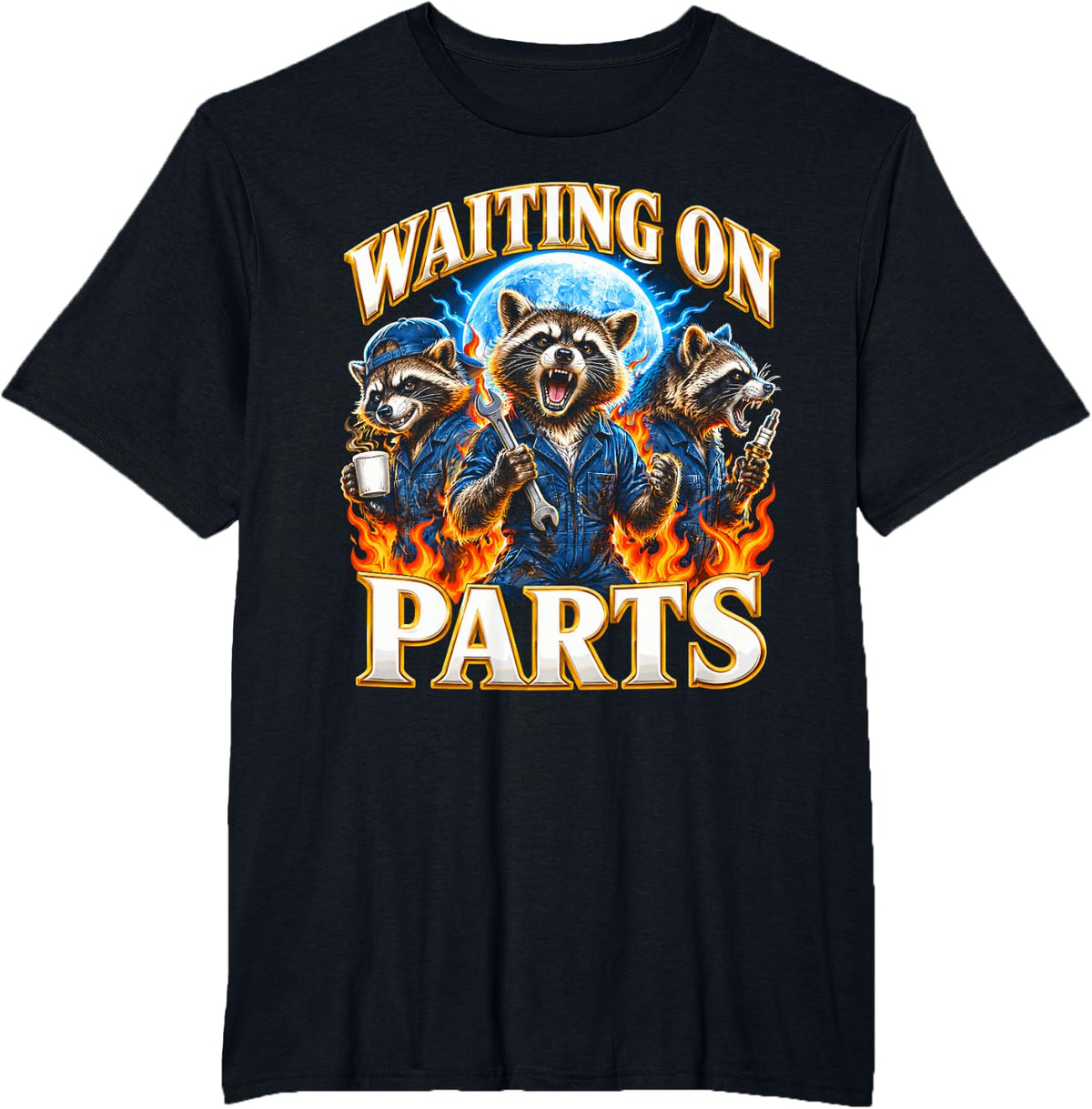 Waiting On Parts Bootleg Raccoon Mechanics Funny T-Shirt - Black