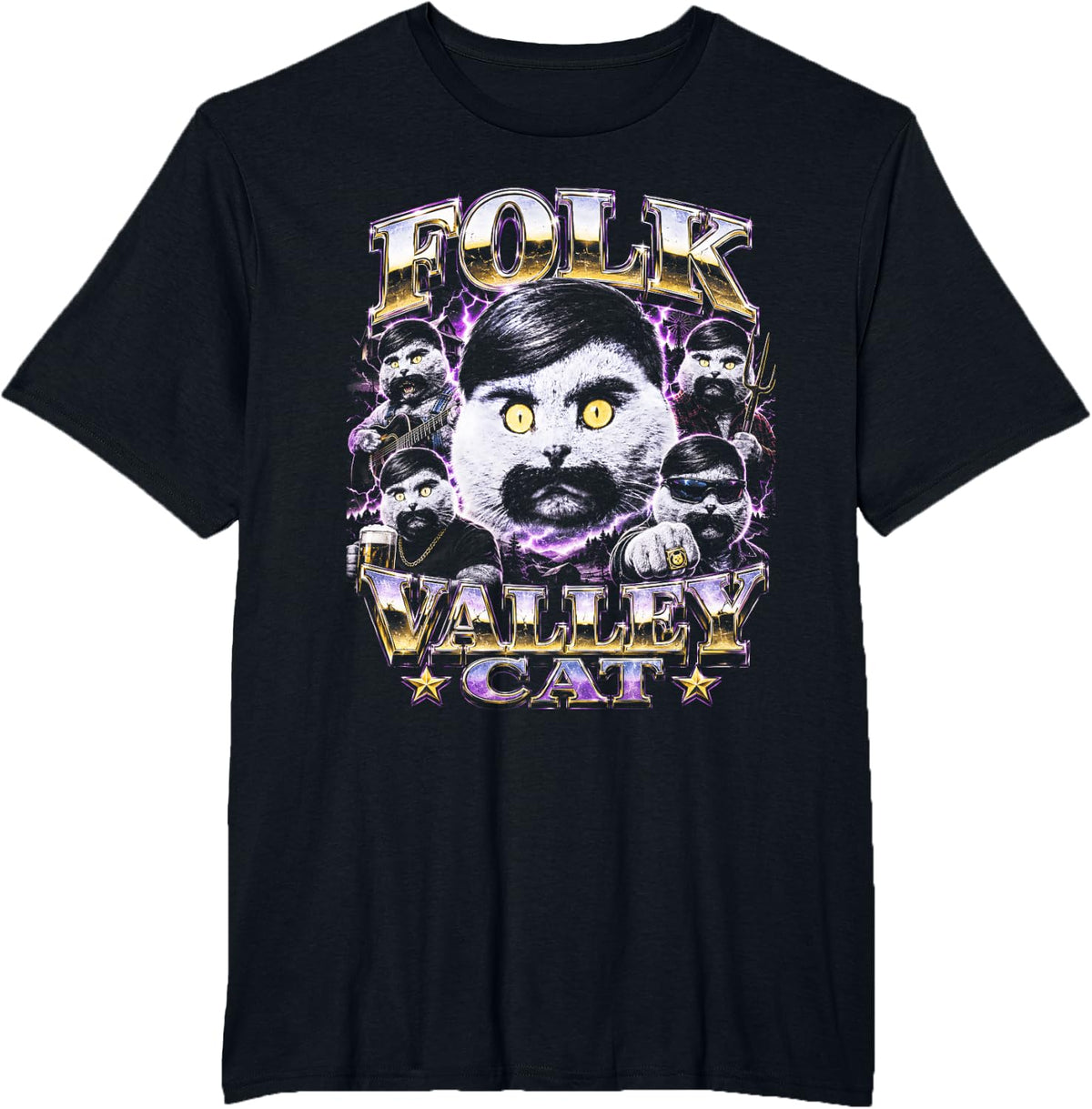 Folk Valley Cat Funny Cats Music T-Shirt - Black