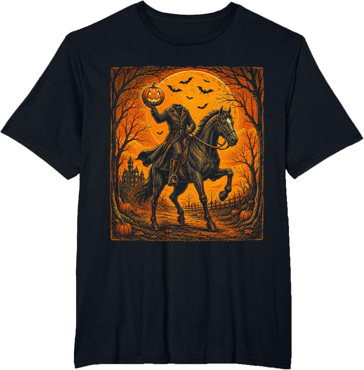 Vintage Pumpkin Rider Horse Spooky Halloween T-Shirt - Black