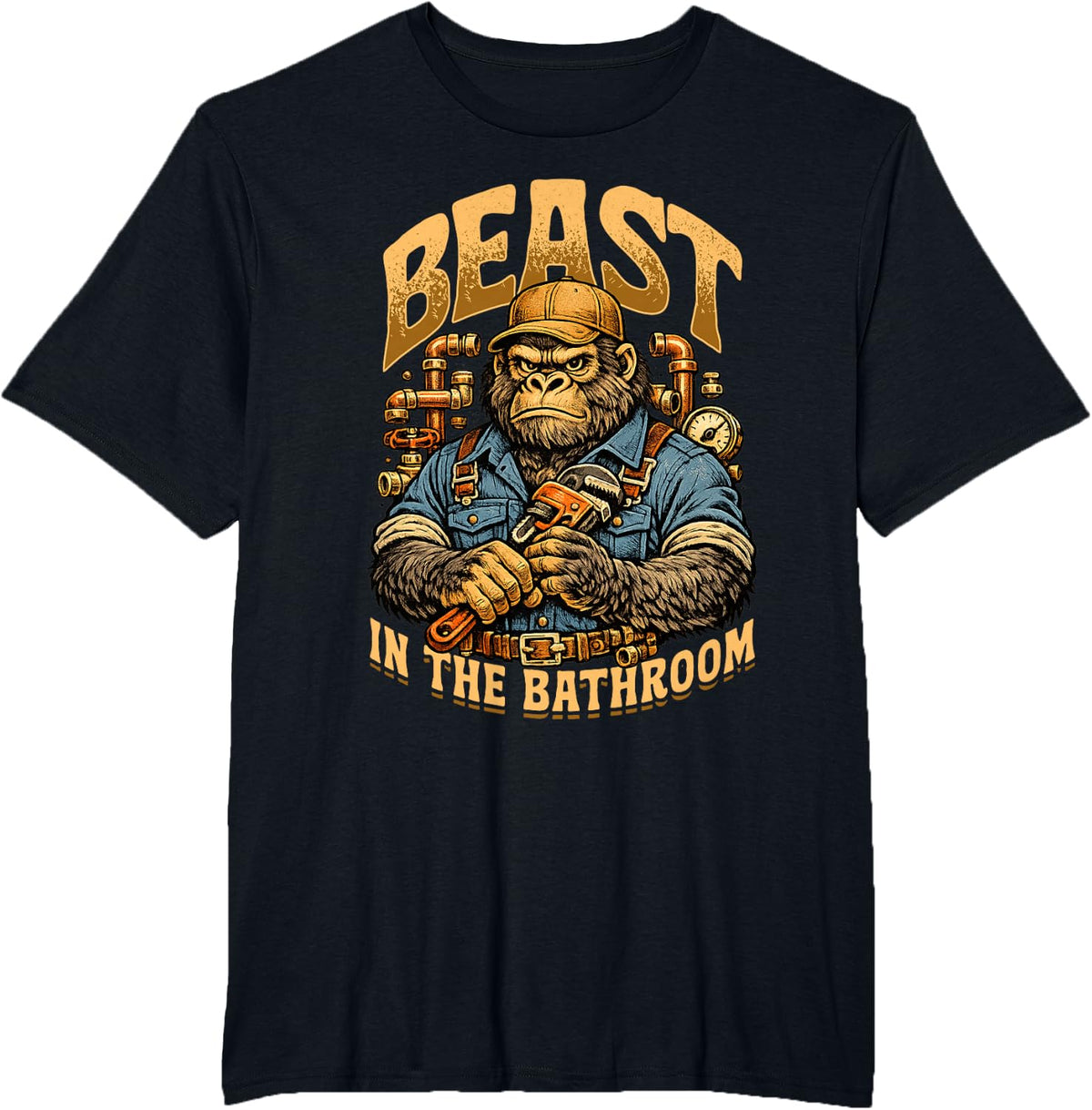 Plumber Beast in The Bathroom Gorilla Pipes T-Shirt - Black