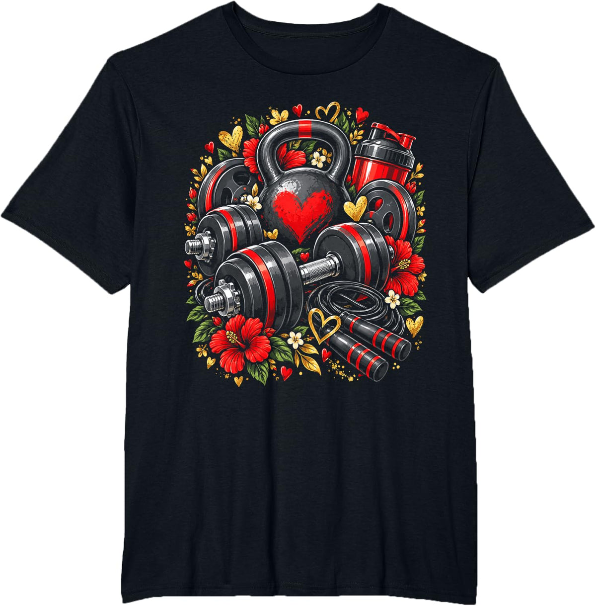 Floral Kettlebell and Dumbbells Weightlifting Gym T-Shirt - Black