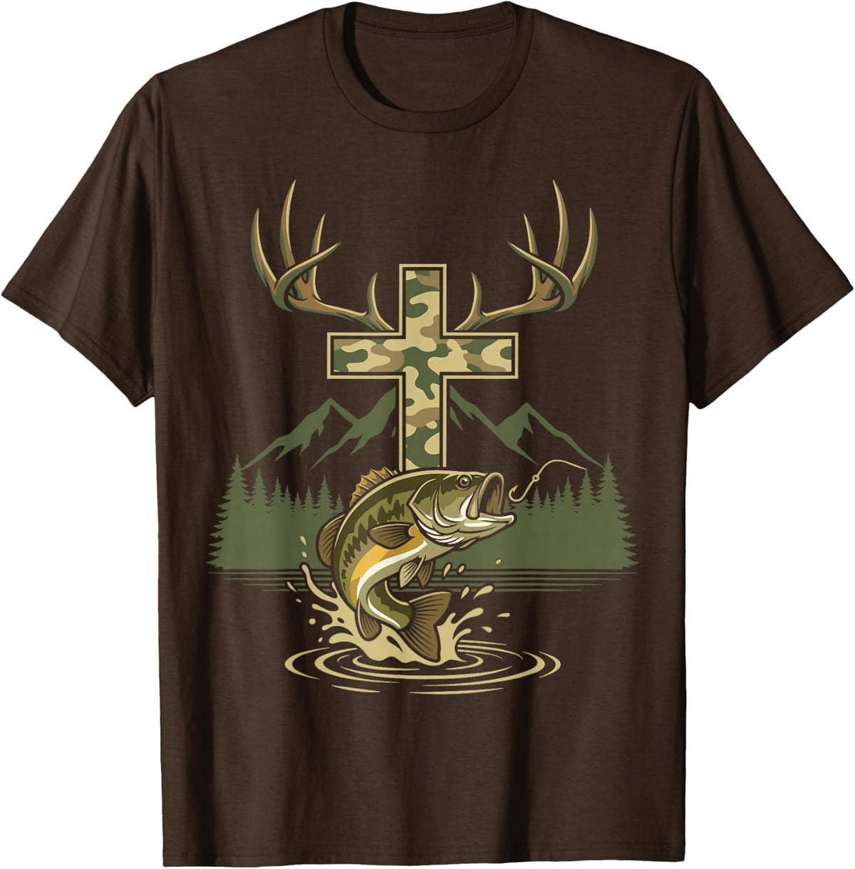 Camo Faith Hunting Fishing Cross Christian Fisherman T-Shirt - Brown