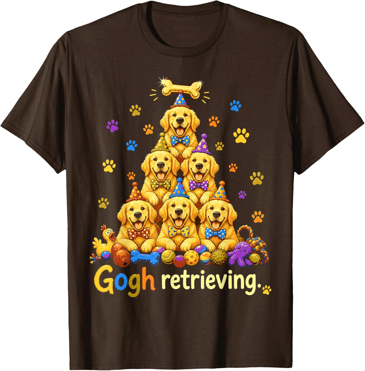 Christmas Golden Retriever Puppies Party Pyramid Dog Lover T-Shirt - Brown