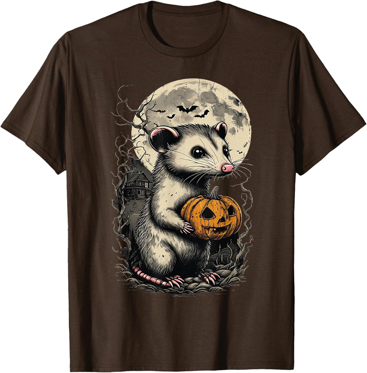 Funny Opossum Pumpkin Spooky Moon Cute Opossum Halloween T-Shirt - Brown
