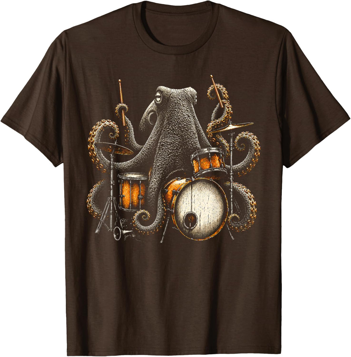 Wild Octopus Drummer Funny Music Ocean Animal Design T-Shirt - Brown