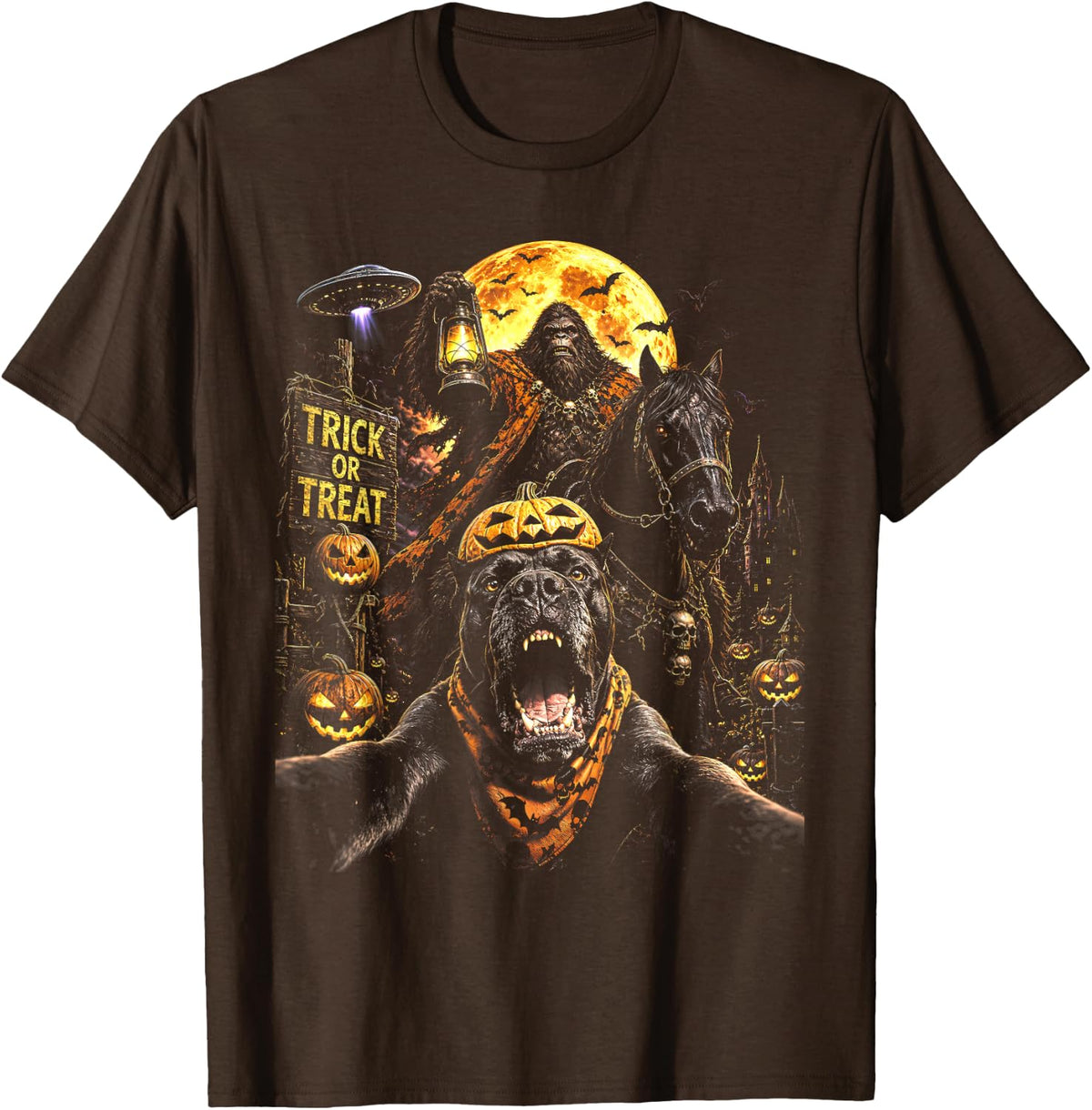 Halloween Cane Corso Bigfoot UFO Trick Or T-Shirt - Brown