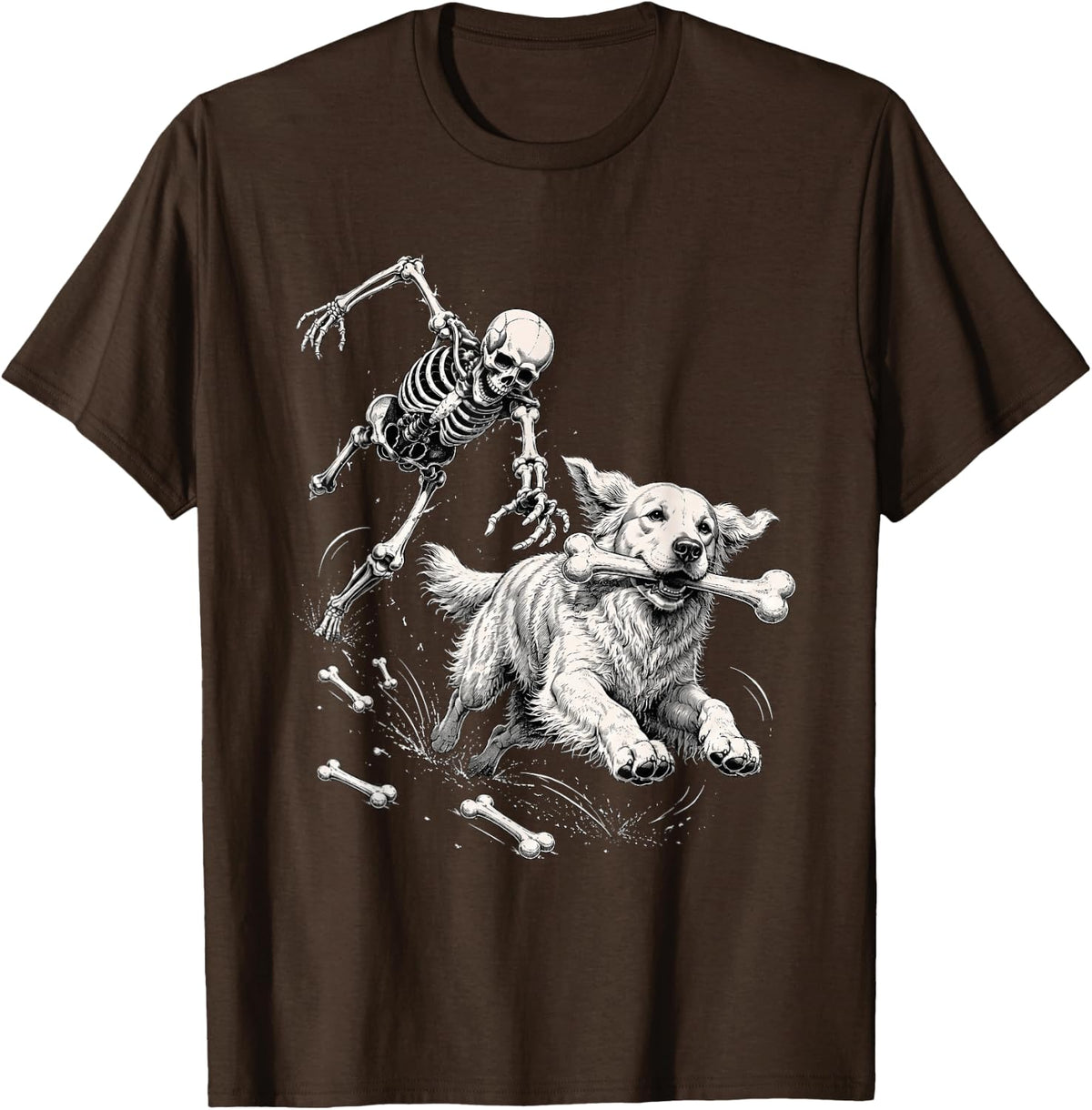 Humor Halloween Skeleton Chasing Golden Retriever T-Shirt - Brown