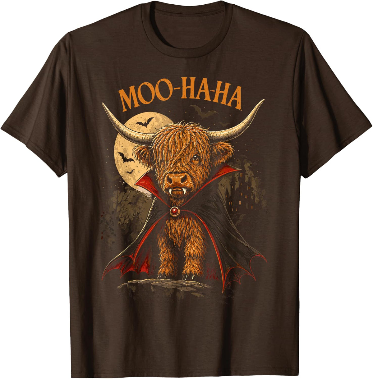 Halloween Highland Cow Moo Ha Ha Vampire Halloween T-Shirt - Brown