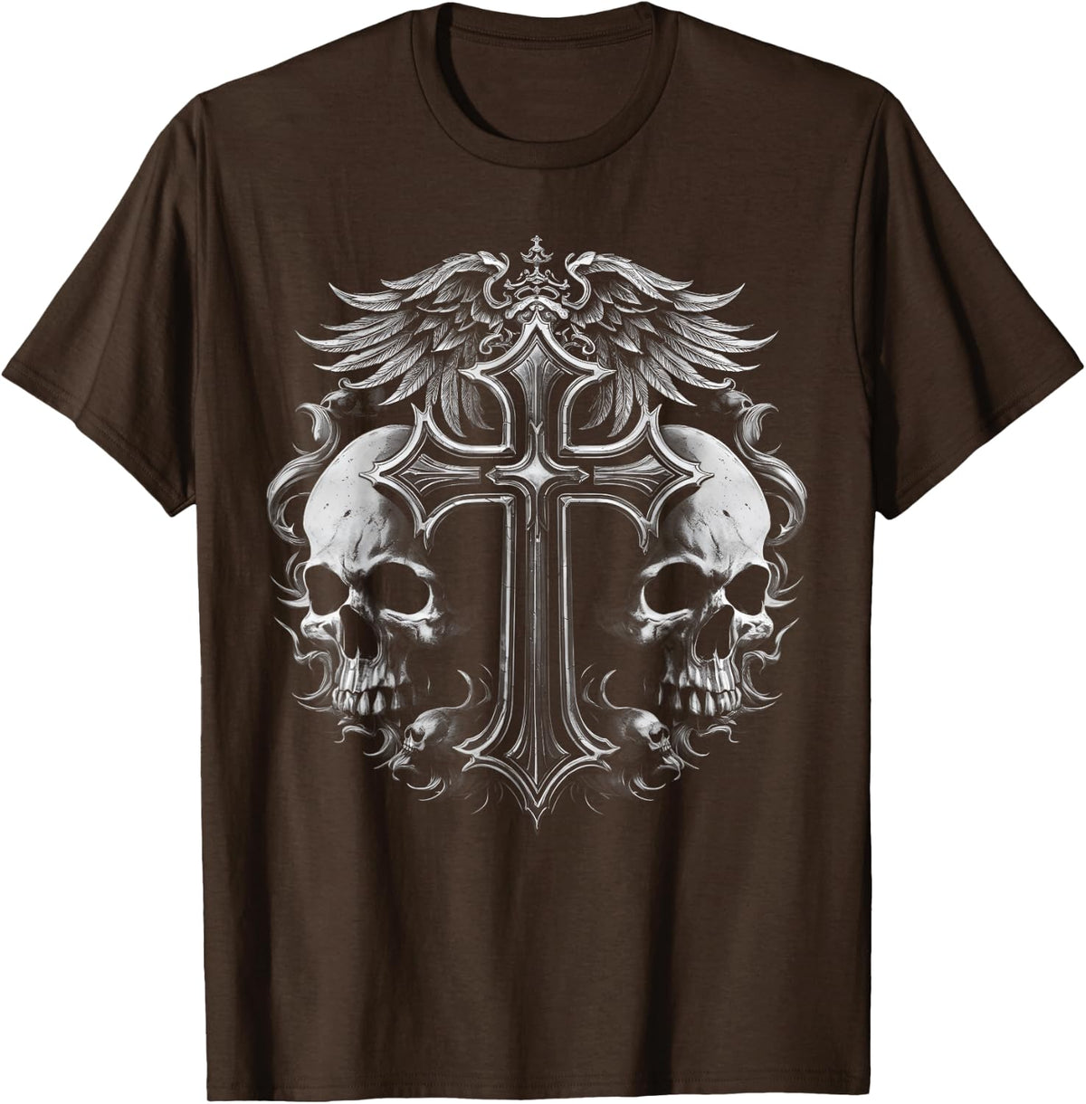 Y2K Grunge Aesthetic Alt Goth Skull Cross Gothic T-Shirt - Brown