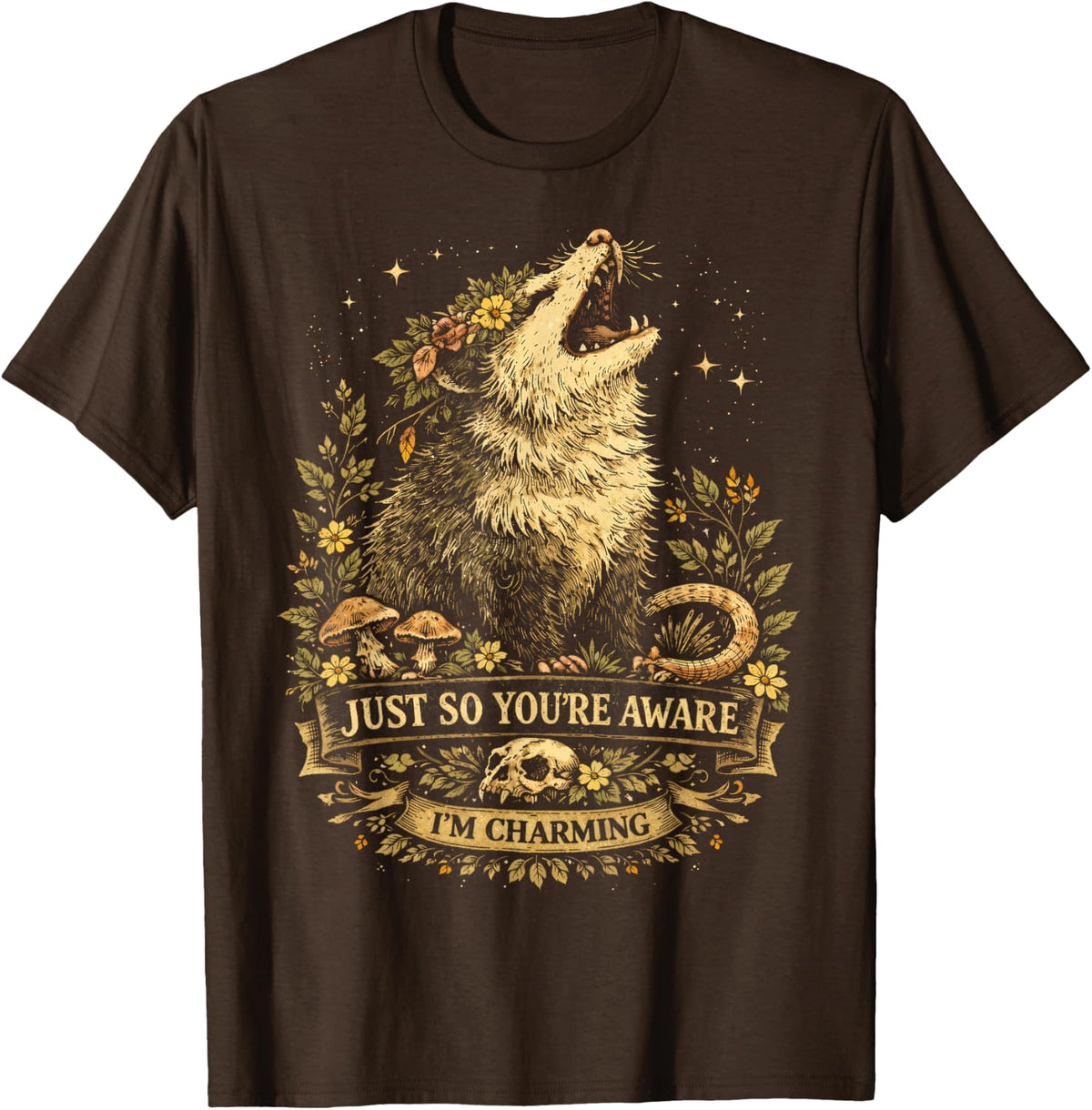 I'm Charming Funny Opossum Floral Folklore Vintage Graphic T-Shirt - Brown