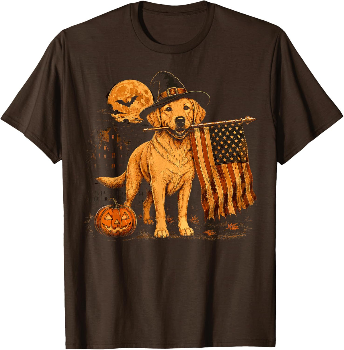 Halloween Golden Retriever Dog Vintage USA Flag Halloween T-Shirt - Brown