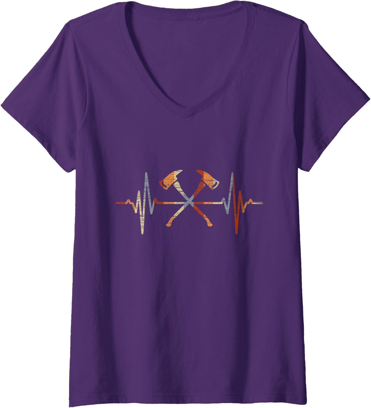 Women's Firefighter Axe Heartbeat Vintage ECG Cardiogram Retro V-Neck T-Shirt - Purple