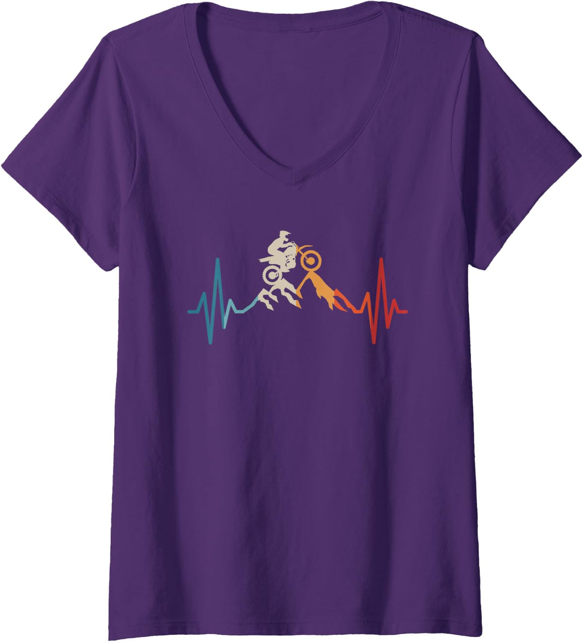 Womens Dirt Biking Heartbeat Motorcycle Rider Motocross Dirt Bike V-Neck T-Shirt - Purple