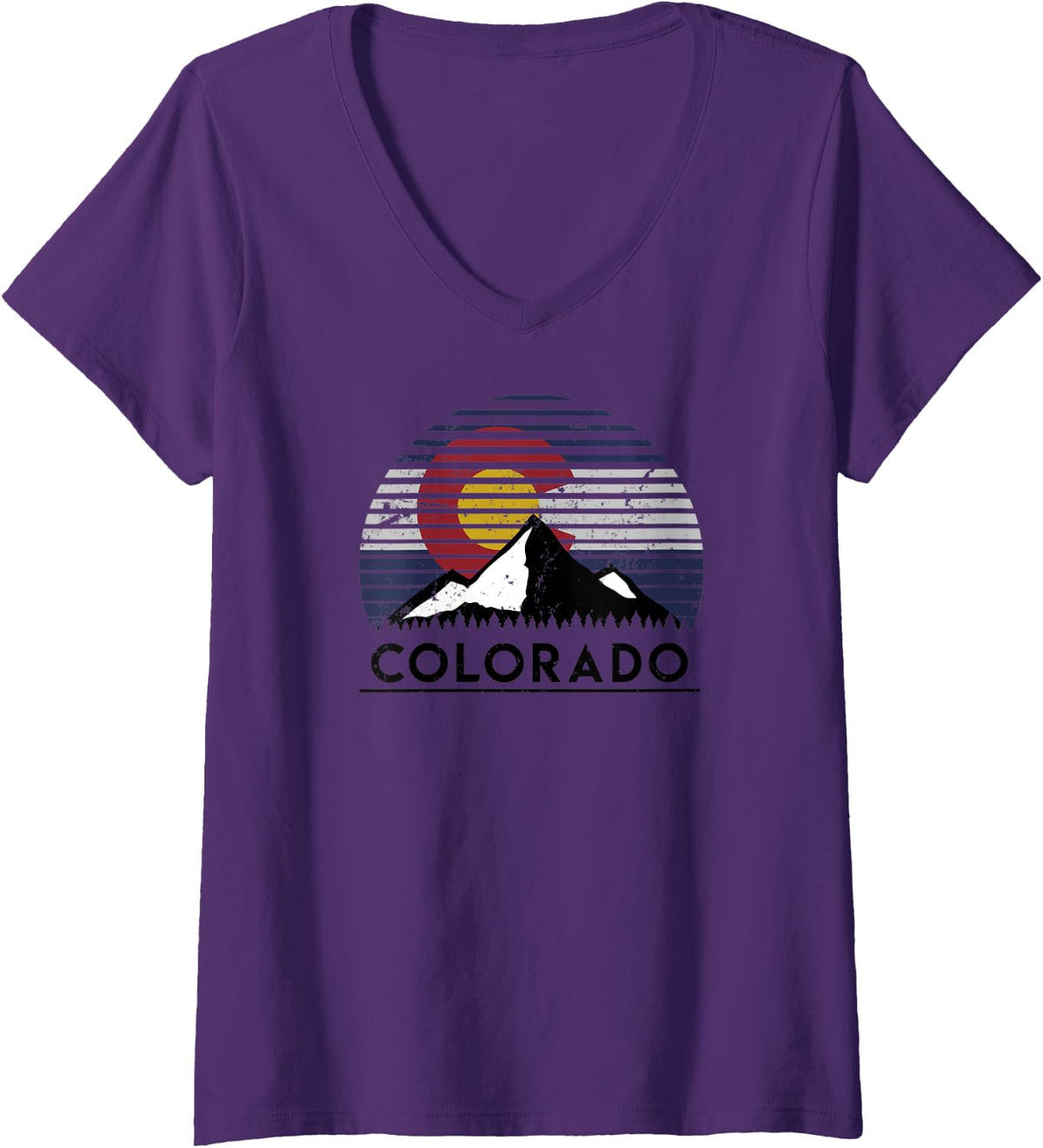 Womens Colorado Flag Mountain Top V-Neck T-Shirt - Purple